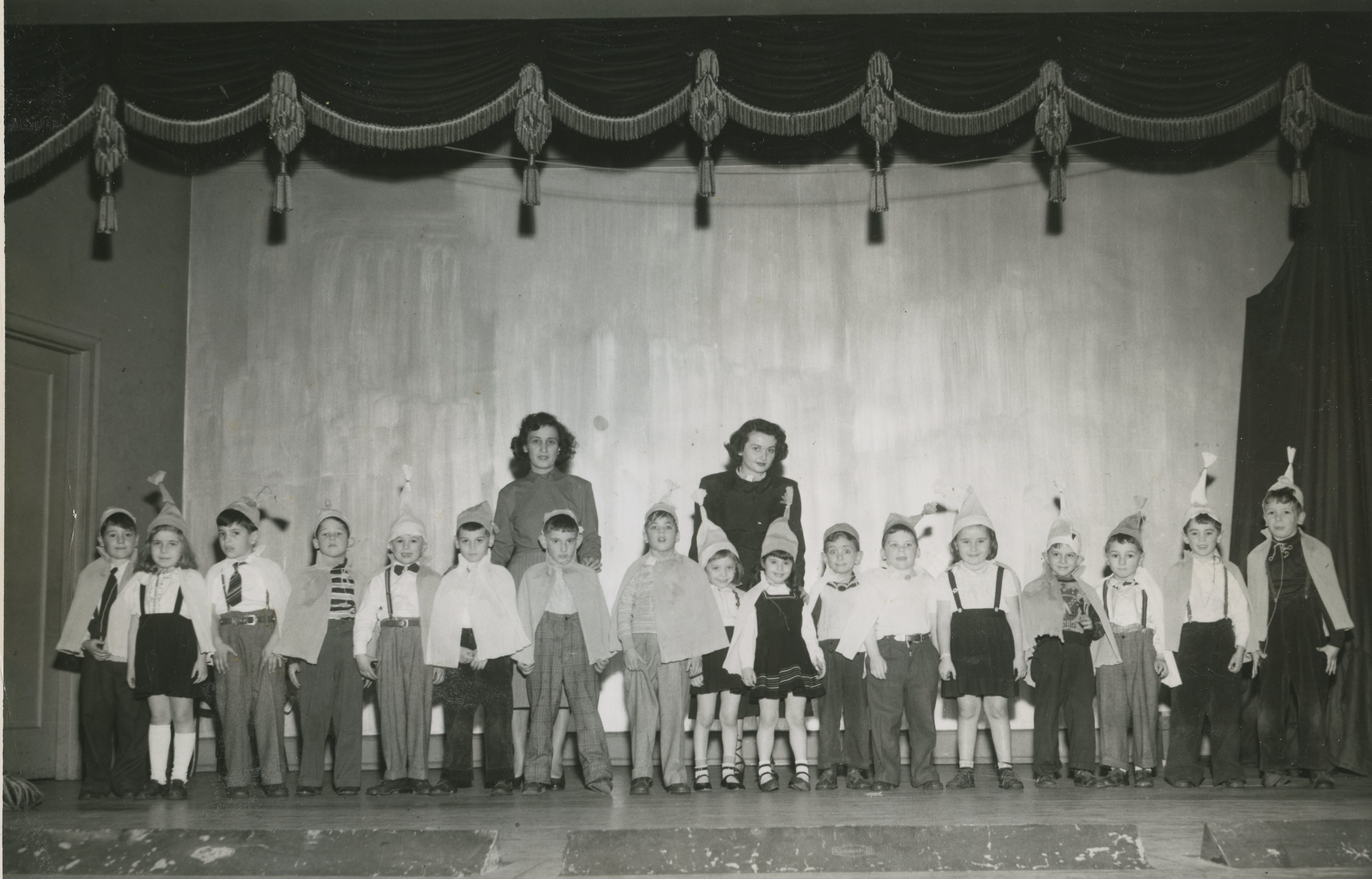 Hanukkah celebration, children, teachers, Yavneh Academy, 1948