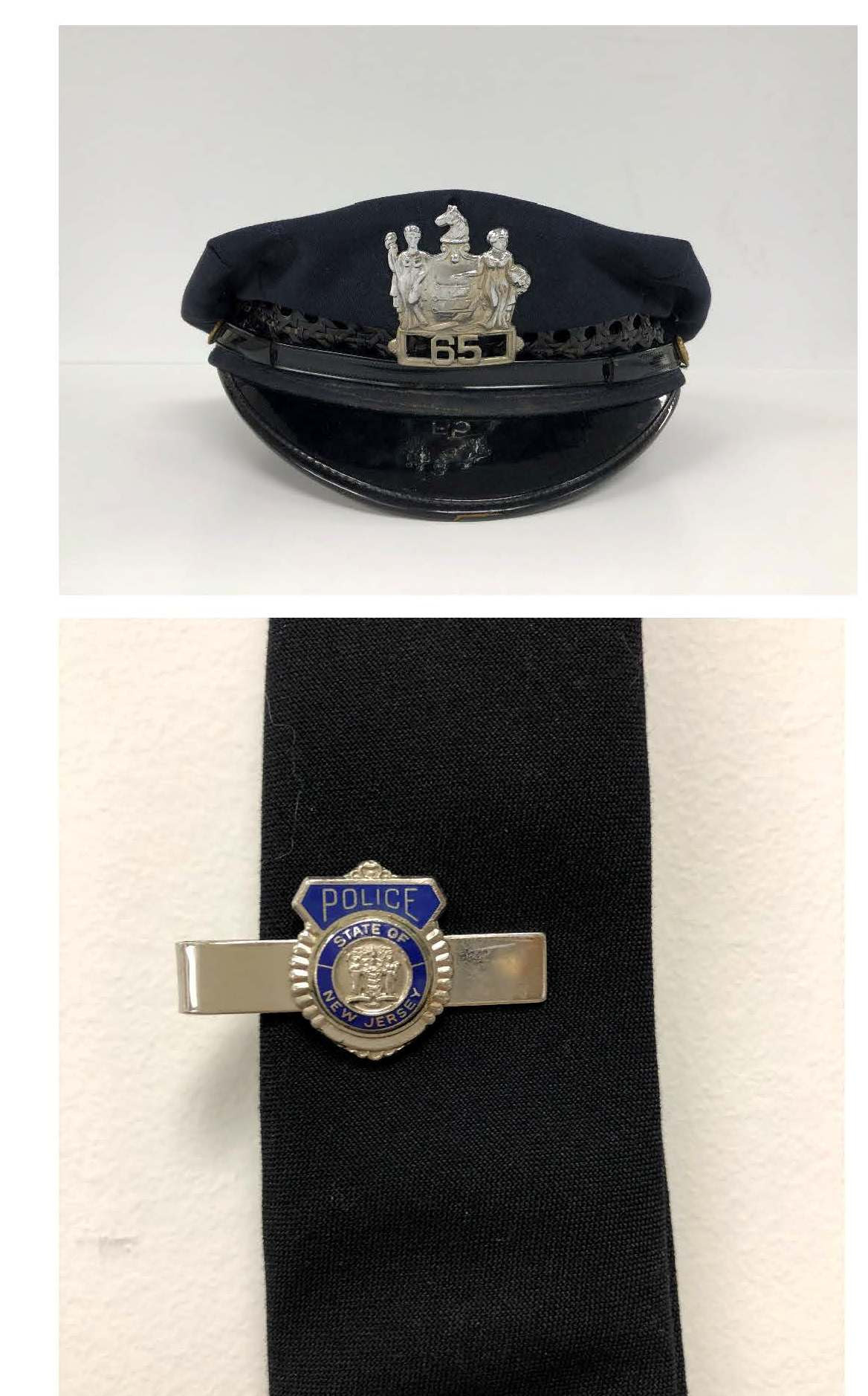NJ Police Constable Hy Goldberg's cap, tie, and tie clip donated by Maxine and Jon Schein.