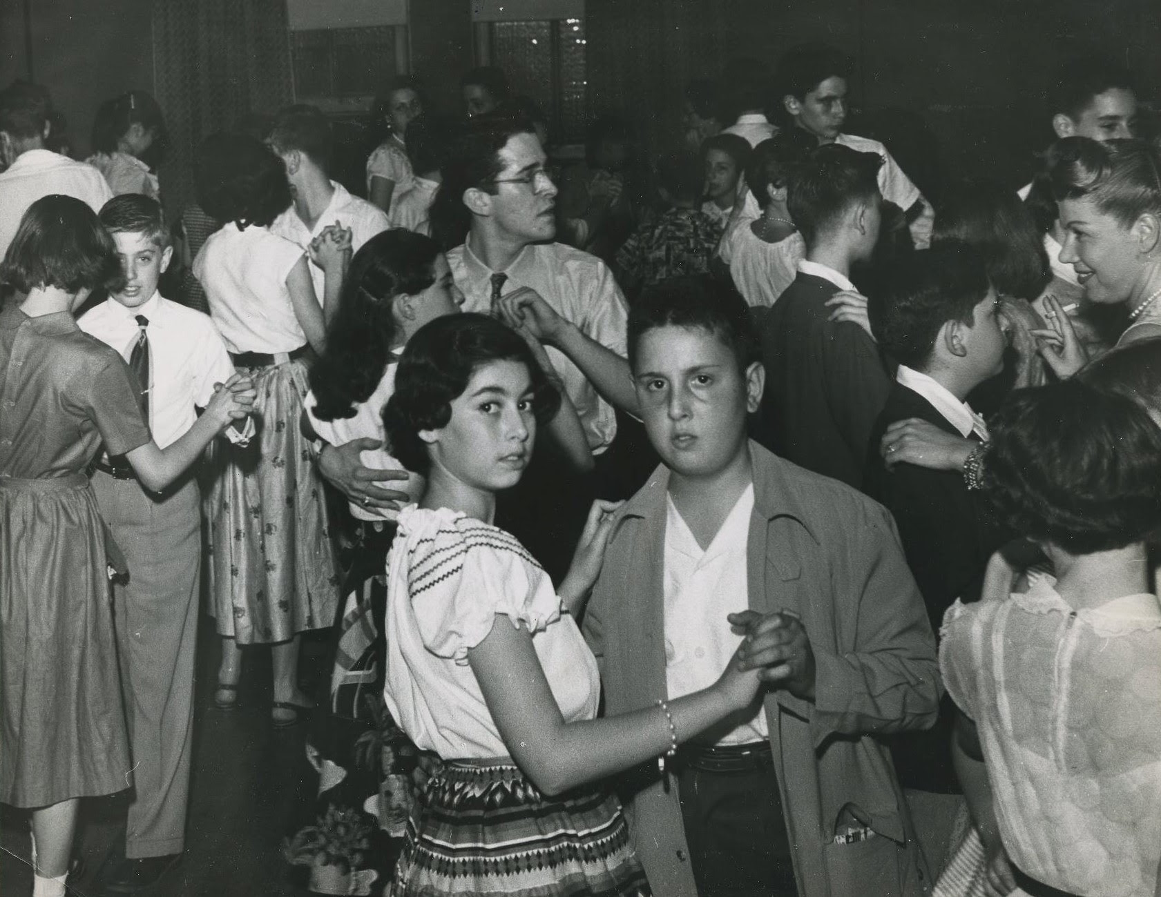 Judy Horowitz, Natalie Horowitz, Ray Kempner, Mel Druin, Paul Grossman dance at Paterson "Y," 1950s