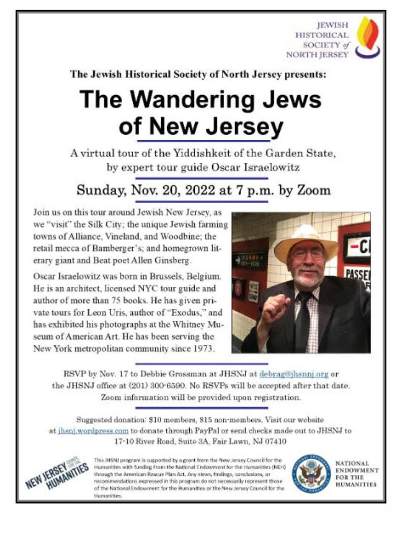 Oscar Israelowitz, The Jewish Historical Society of North Jersey, Jewish farming, Alliance, Vineland, Woodbine, Allen Ginsberg, Bamberger's