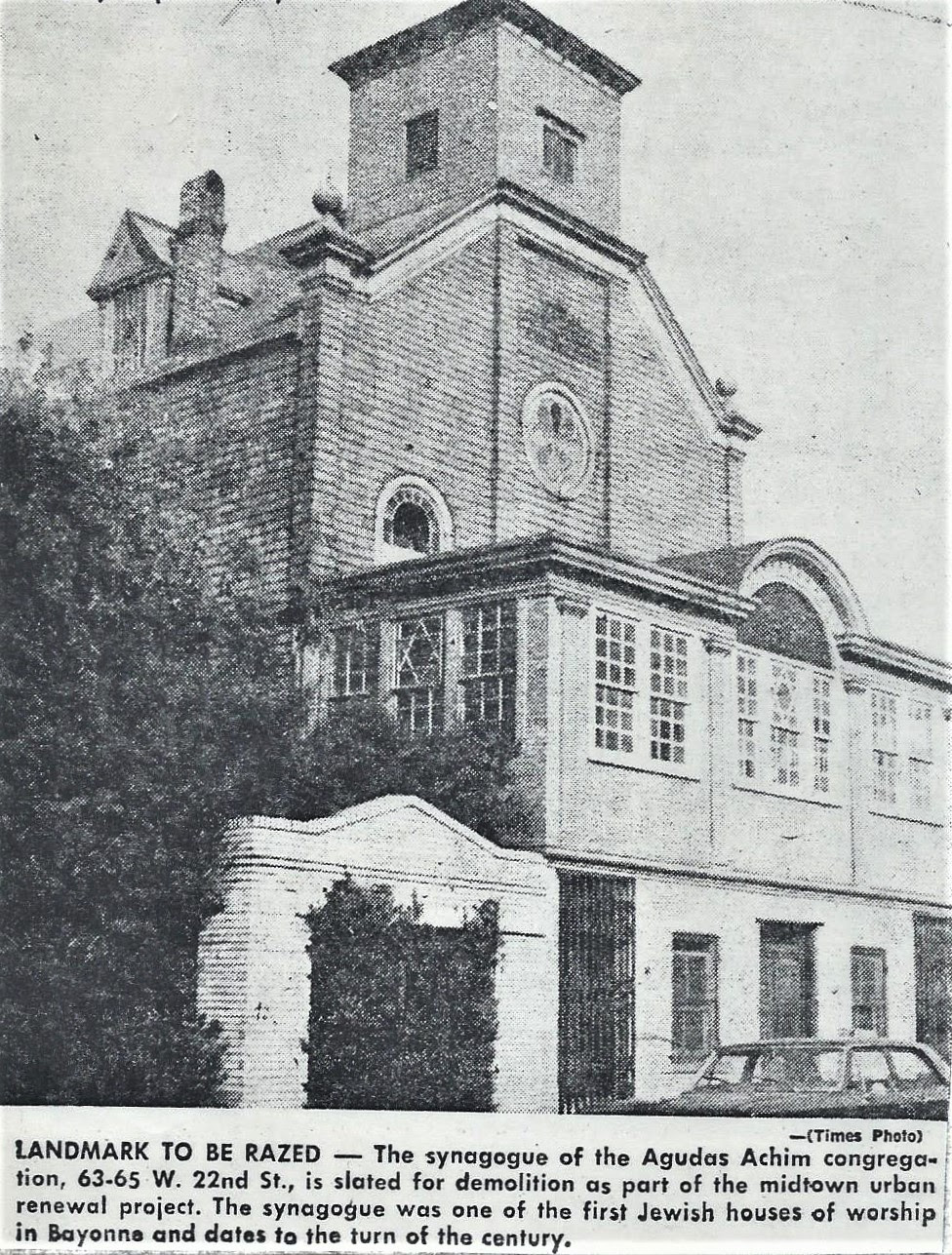 Synagogue Agudas Achim, 63-65 W. 22nd St, Bayonne NJ, razed.