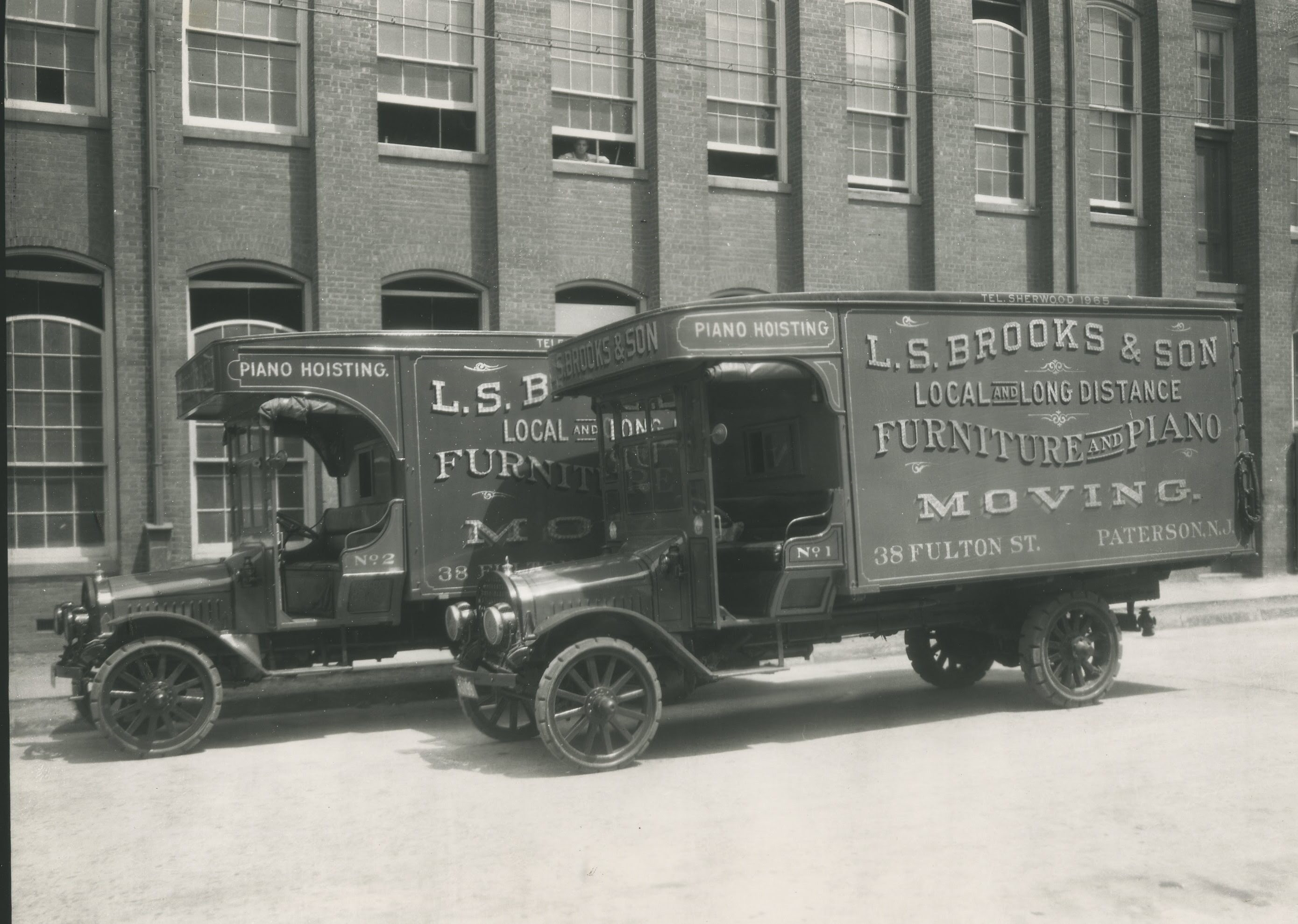 L.S. Brooks & Son Furniture and Piano Moving vintage trucks, 38 Fulton Street, Paterson NJ