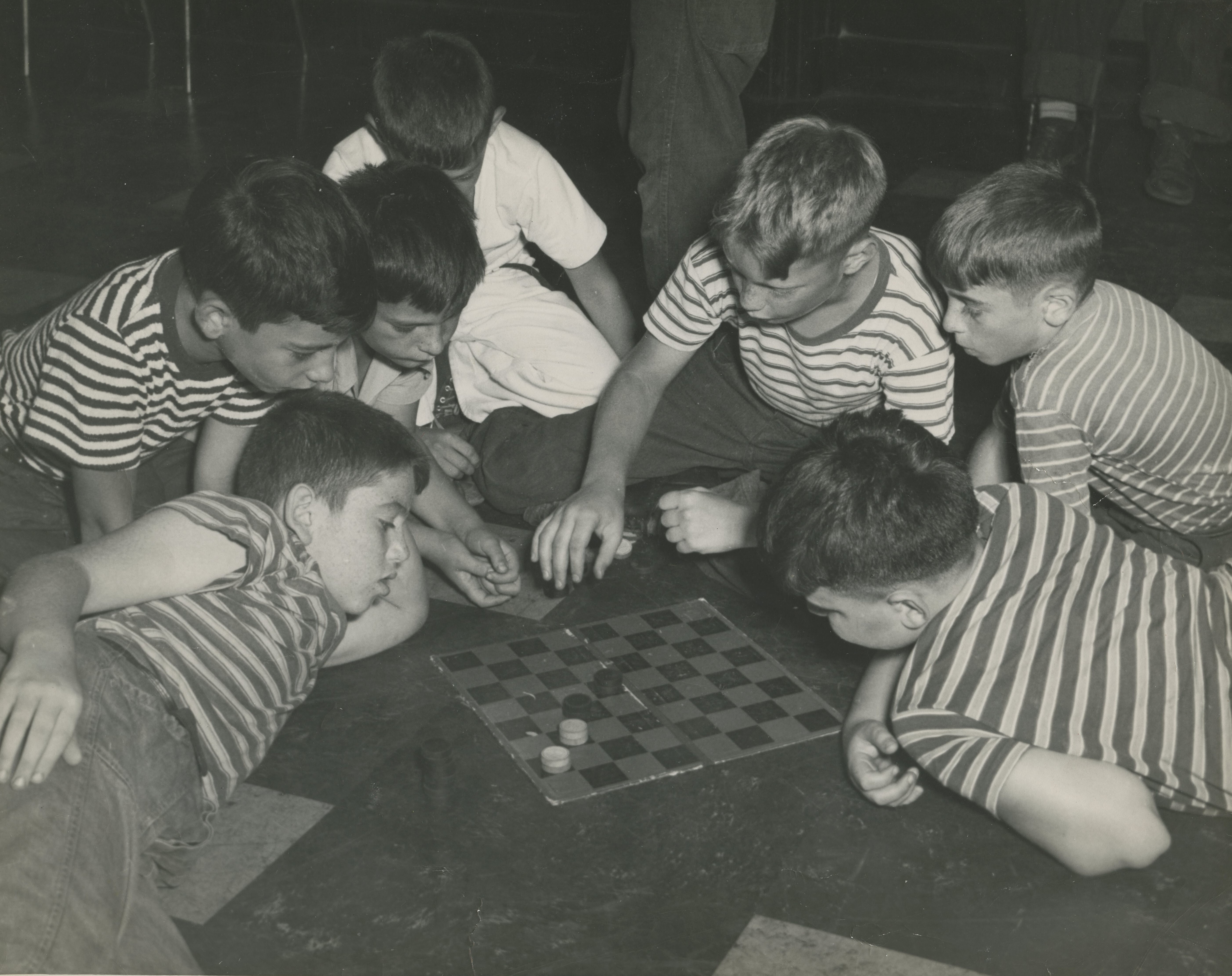 Boys playing checkers, YMHA Camp Vacation, Paterson NJ 1948