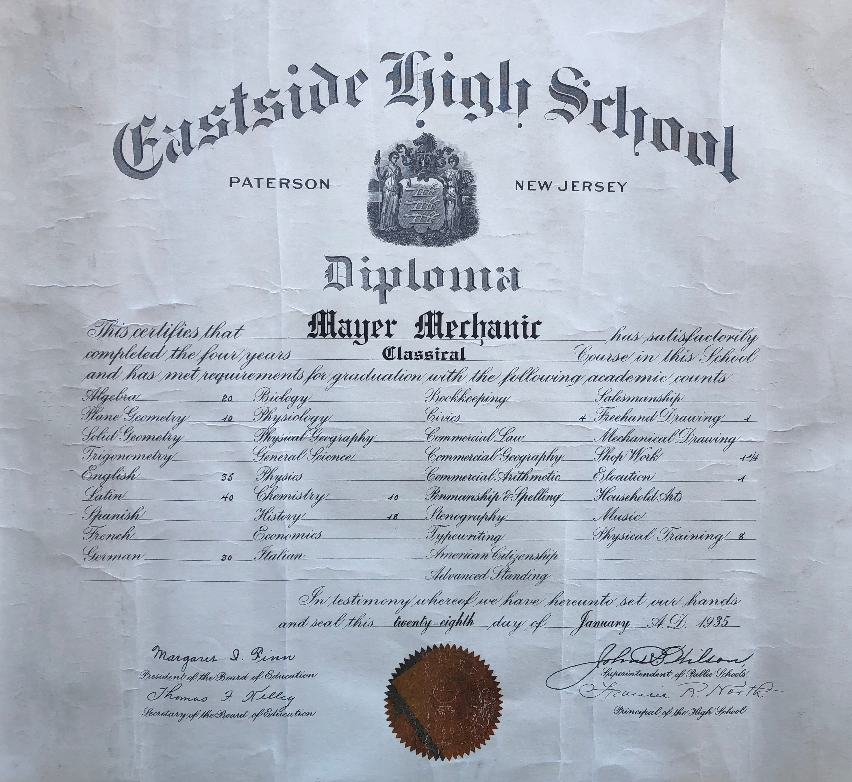 Eastside High School Classical diploma, Mayer Mechanic, 1935, Paterson NJ