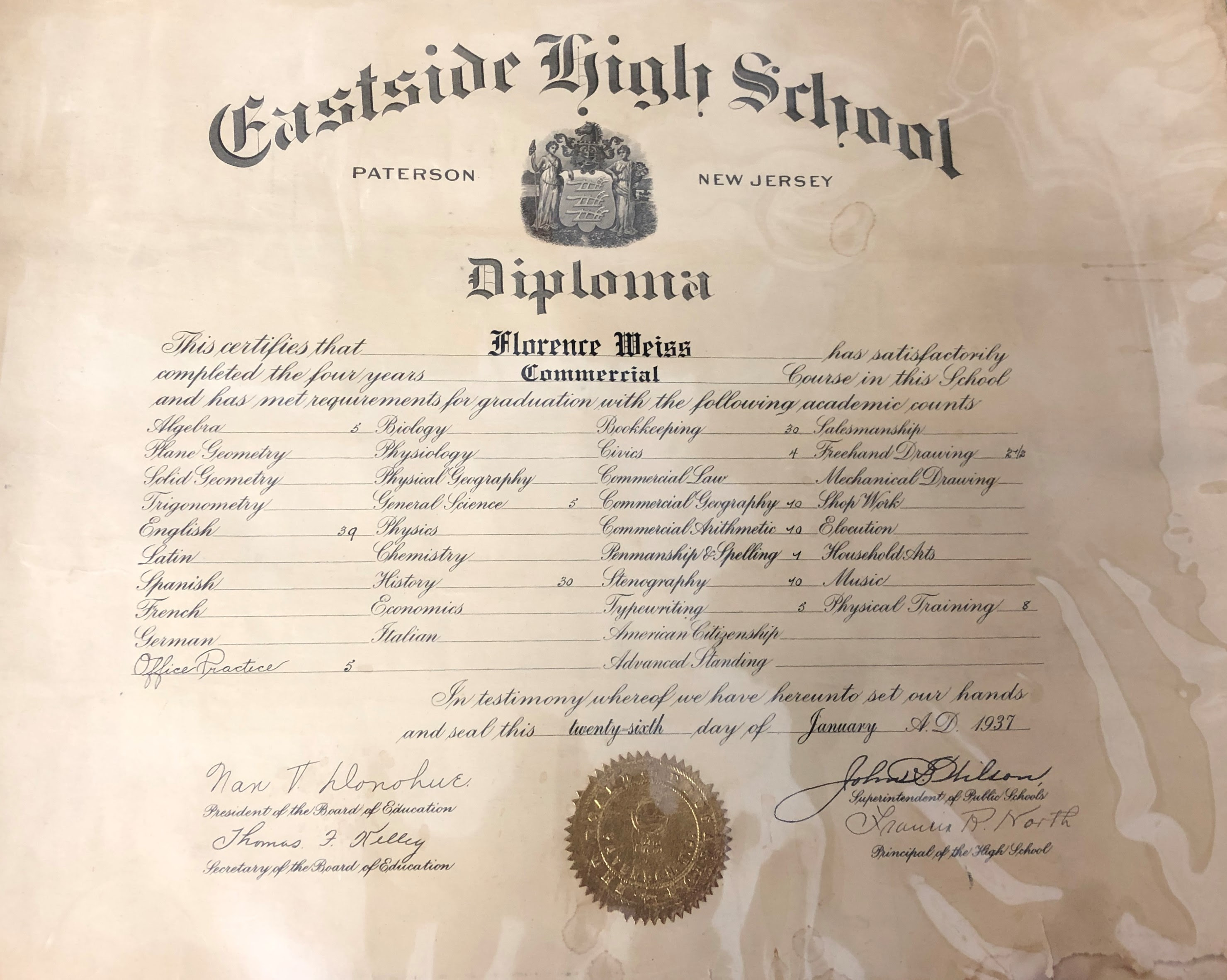 Eastside High School, Commercial diploma, Florence Weiss, 1937, Paterson NJ