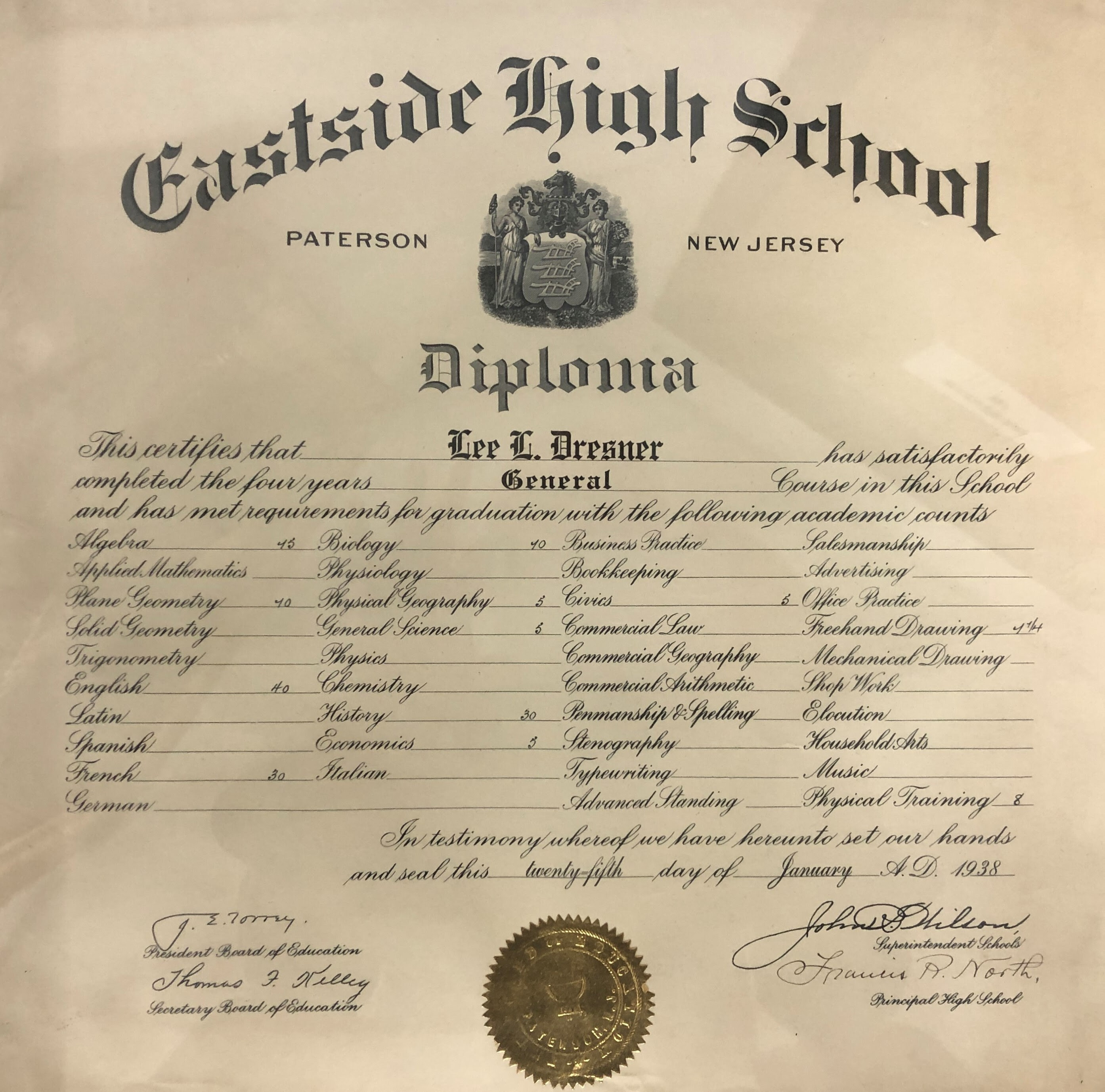 Eastside High School, General diploma, Lee Dresner, 1938, Paterson NJ