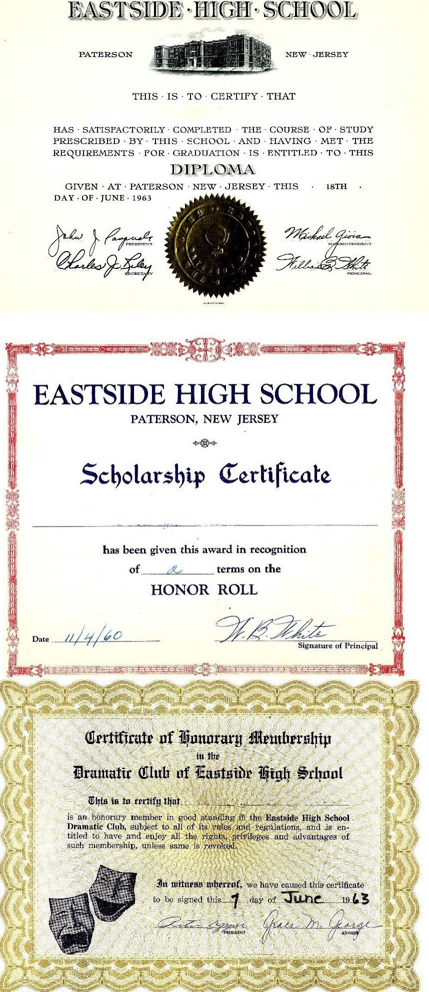 Eastside High School diploma, scholarship certificate, Dramatic Club Honorary Membership certificate, Paterson NJ, 1963