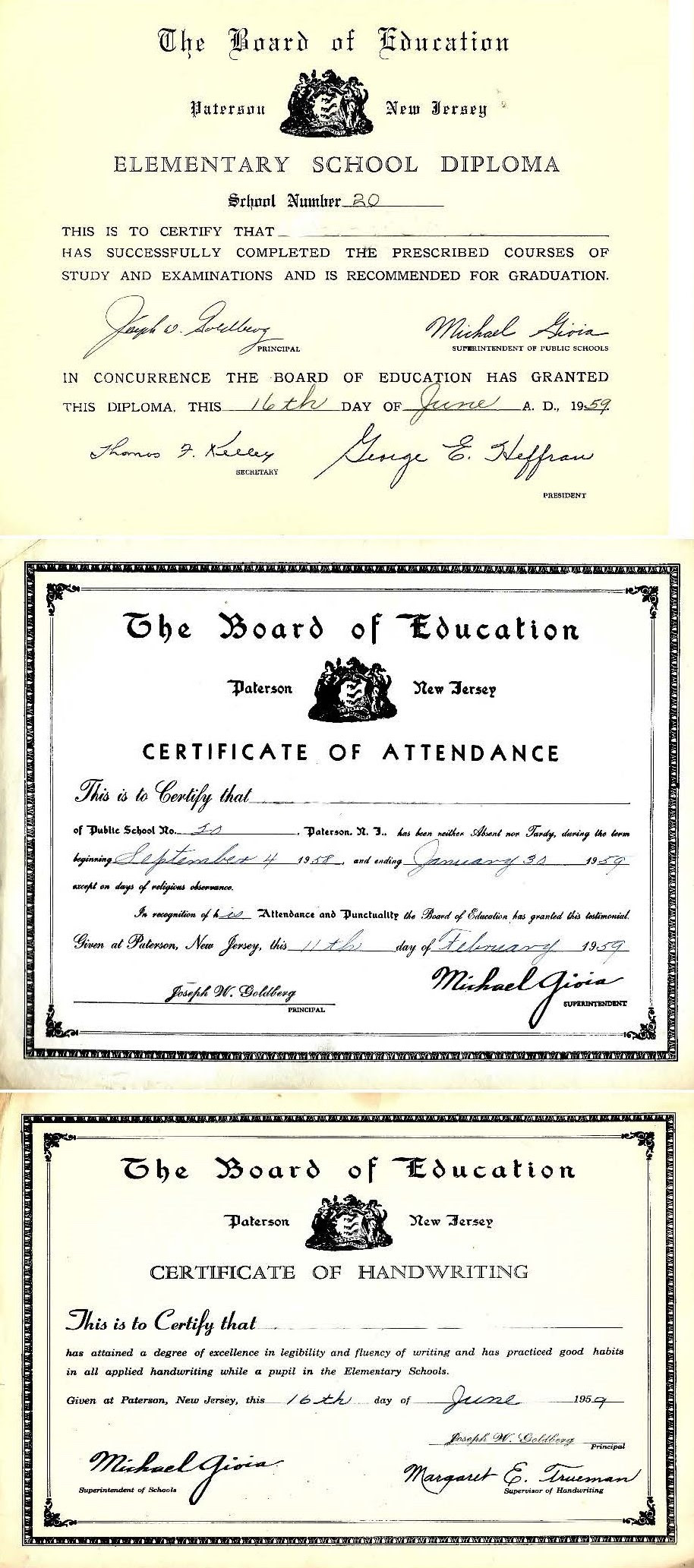 Paterson NJ Public School No.20 Diploma, Certificate of Handwriting, Certificate of Attendance, 1959