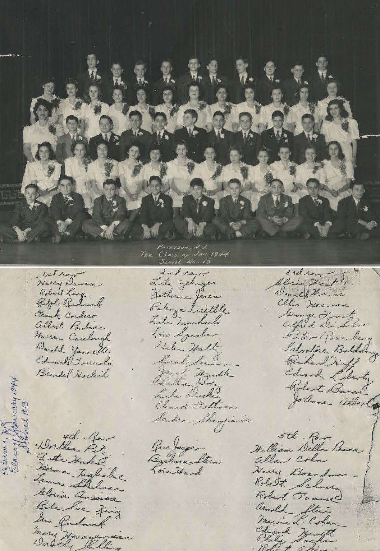 Paterson NJ School #13 Class of January 1944, Dorthea Pitz, Norma Taliabue, L Shulman, Rita Sue King, Iris Rudnick, Barbara Stern, Allan Cohn, Harry Boardman, Robert Schwarz, Arnold Stein, Marvin L. Cohen, Philip Sachs