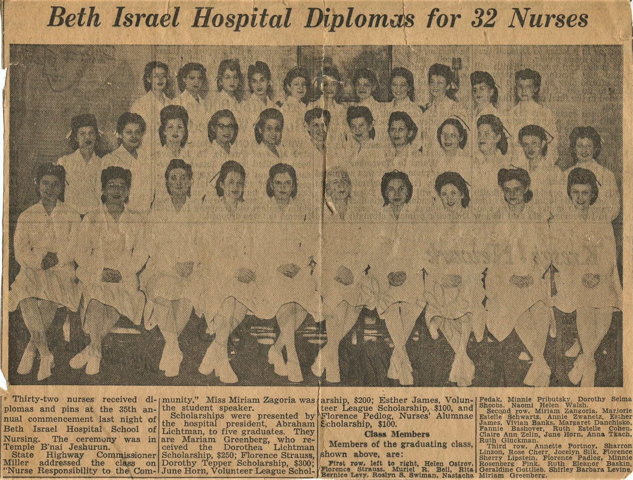 Beth Israel Hospital School of Nursing, graduation class, Esther James, Florence Pedlog, Nurses' Alumnae Scholarship, H.Ostrov, F.Strauss, M.R.Beil, R.B.Levy, R.S.Swiman, N.Fedak, M.Pributsky, D.Shoobs, N.Walsh, M.Schwartz, A.Zwanetz, V.Banks, M.Danchisko, F.Bashover, R.E.Cohen, C.A.Zelin, A.Tkach, R.Gluckman, A.Portnoy, S.Linzon, R.Cherr, J.Silk, F.S.Lipstein, M.Rosenberg Fink, R.E.Baskin, G.Gottlieb, S.B.Levine