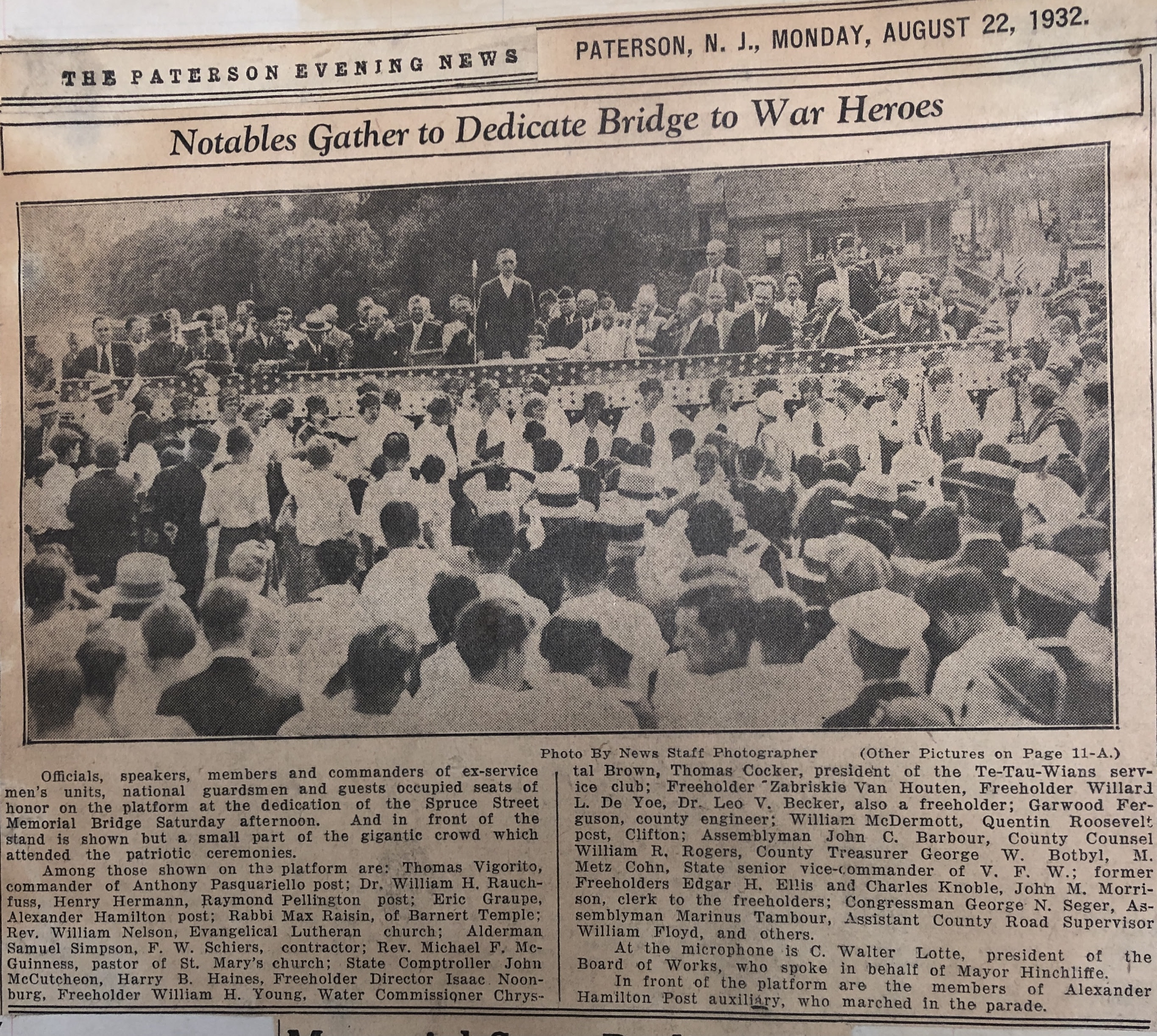 Bridge dedicated to War heroes, Paterson NJ, August 1932