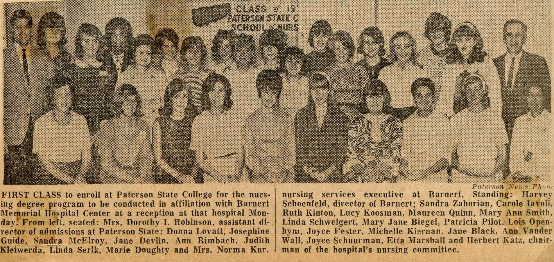 Barnert Memorial Hospital, Paterson NJ, Dorothy Robinson, Donna Lovatt, Josephine Guide, Sandra McElroy, Jane Devlin, Ann Rimbach, Judith Kleiwerda, Linda Serik, Marie Doughty, Norma Kur, Carole Iavoli, Ruth Kinton, Lucy Koosman, Maureen Quinn, Mary Ann Smith, Linda Schweigert, Mary Jane Biegel, Patricia Pilot, Lois Openhym, Joyce Fester, Michelle Kiernan, Jane Black, Ann Vander Wall, Joyce Schuurman, Etta Marshall, Herbert Katz, Sandra Zahorian