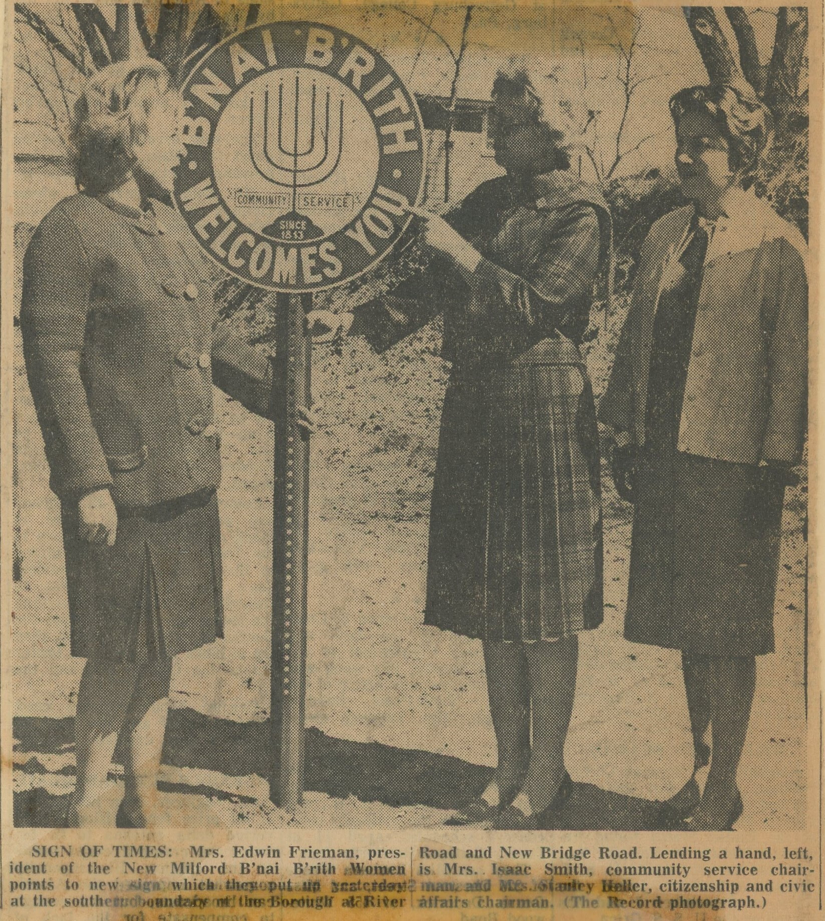 B'nai B'rith welcome sign, New Milford NJ, River Road, New Bridge Road, The Record newspaper