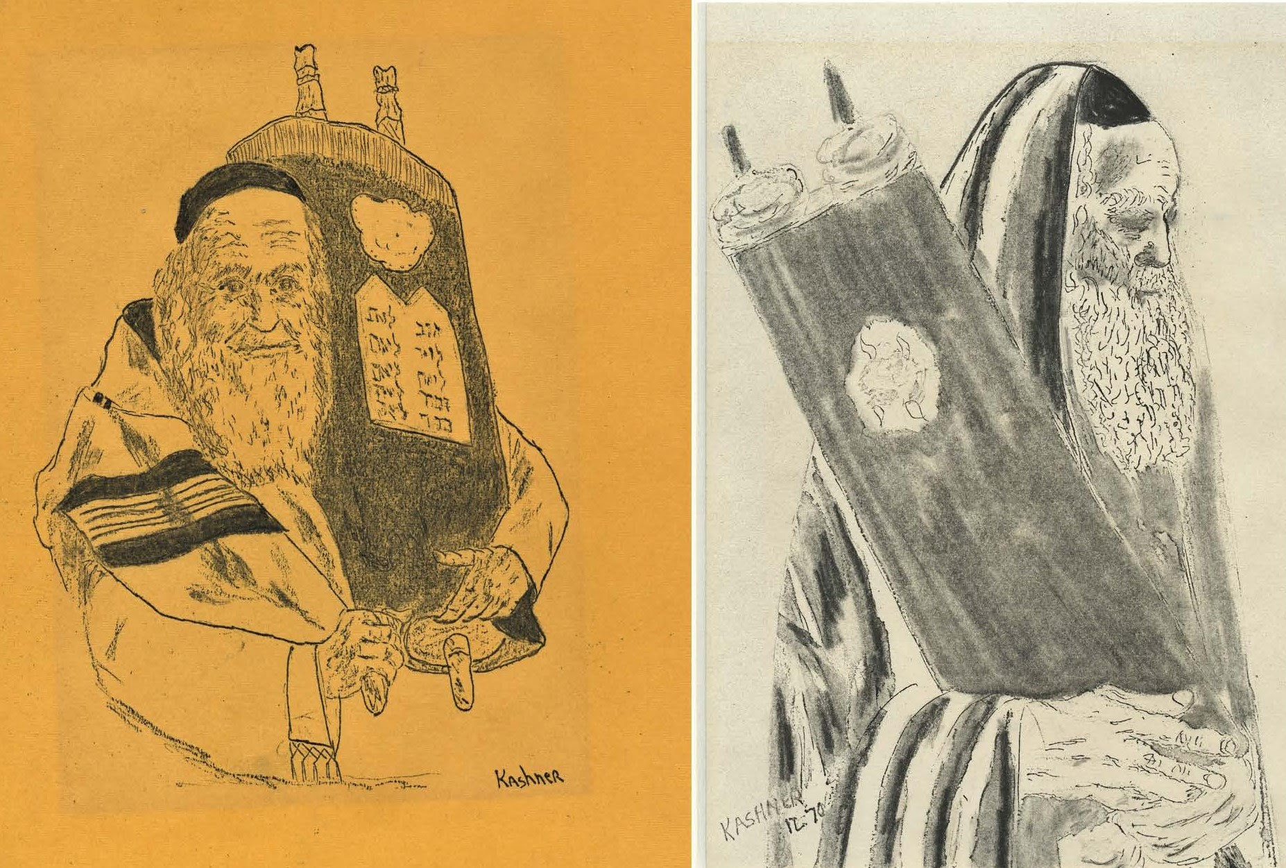 Artist Kashner, ink sketches, religious Jews, Torah, 1970