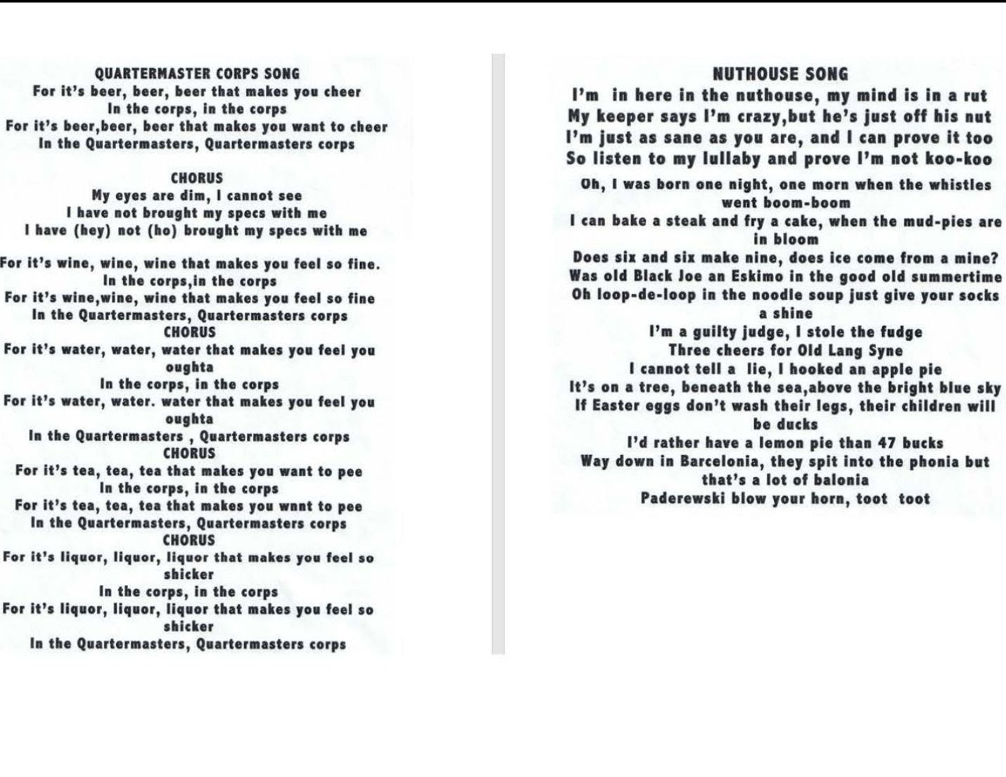 Summer camp songs, "Quartermaster Corps Song," "Nuthouse Song," Northern New Jersey