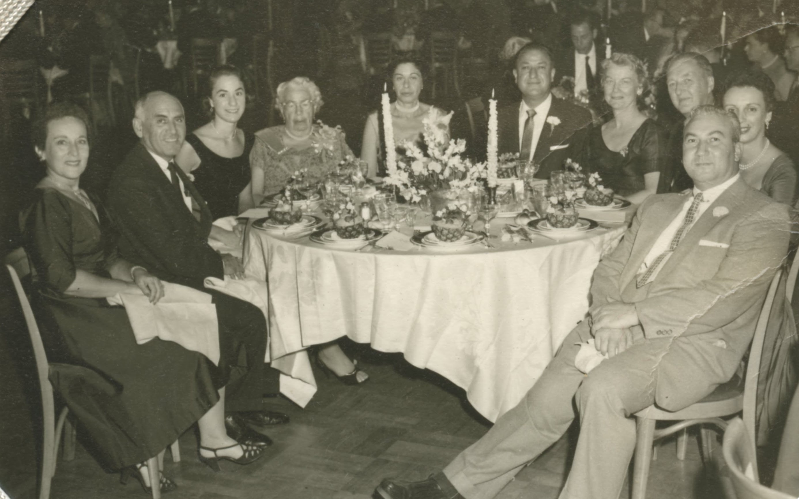 Martin Weiss Bar Mitzvah, 1955, table photo, Joe Weiss (5th from Right)