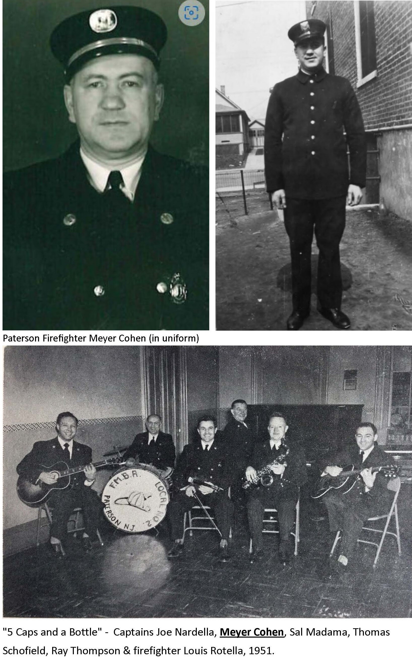 Paterson New Jersey "5 Caps and a Bottle" band, Meyer Cohen, Joe Nardella, Sal Madama, Thomas Schofield, Ray Thompson, Louis Rotella, 1951 F.M.B.R., Local No. 2
