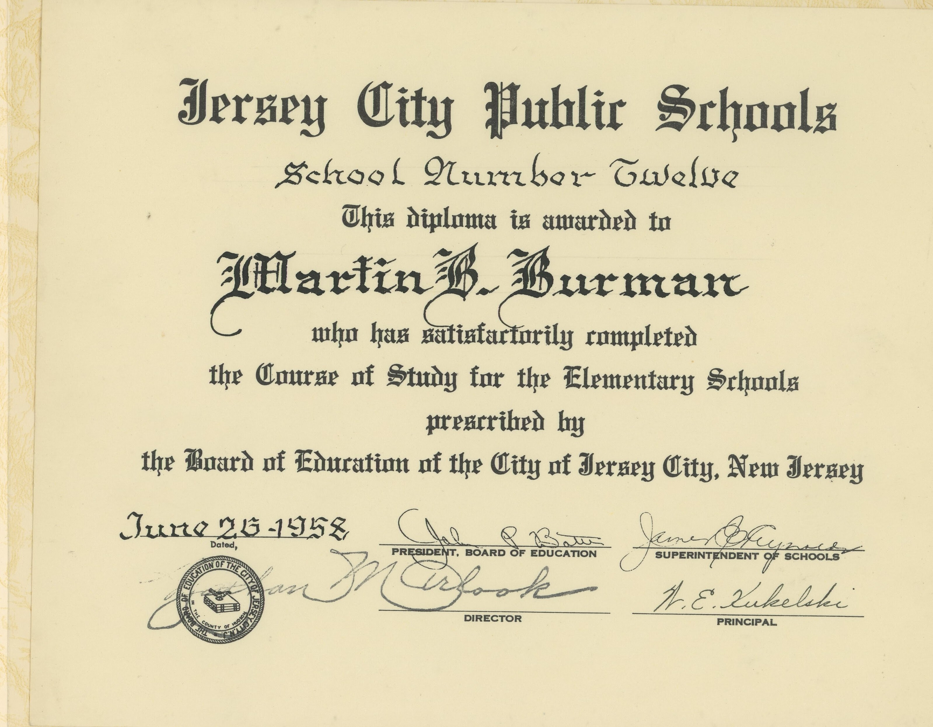 Martin Burman's Jersey City Public School diploma