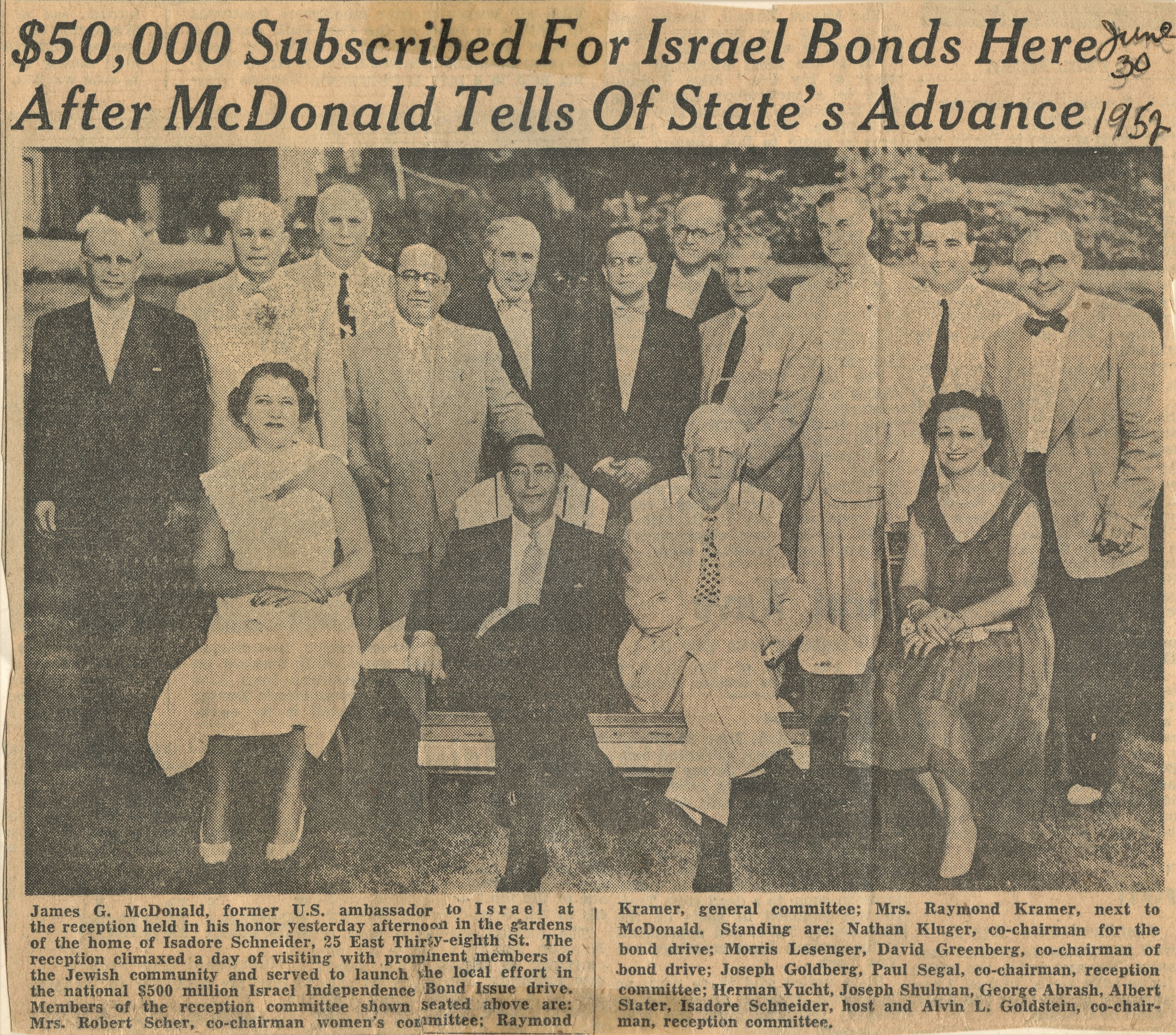 Paterson NJ, Israel Bonds Party, U.S. Ambassador James G. McDonald, 1952, Isadore Scheider, Mrs. Robert Scher, Raymond Kramer, Mrs. Raymond Kramer, Nathan Kluger, Morris Lesenger, David Greenberg, Joseph Goldberg, Paul Segal, Herman Yucht, Joseph Schulman, George Abrash, Albert Slater, Isadore Schneider, Alvin L. Goldstein