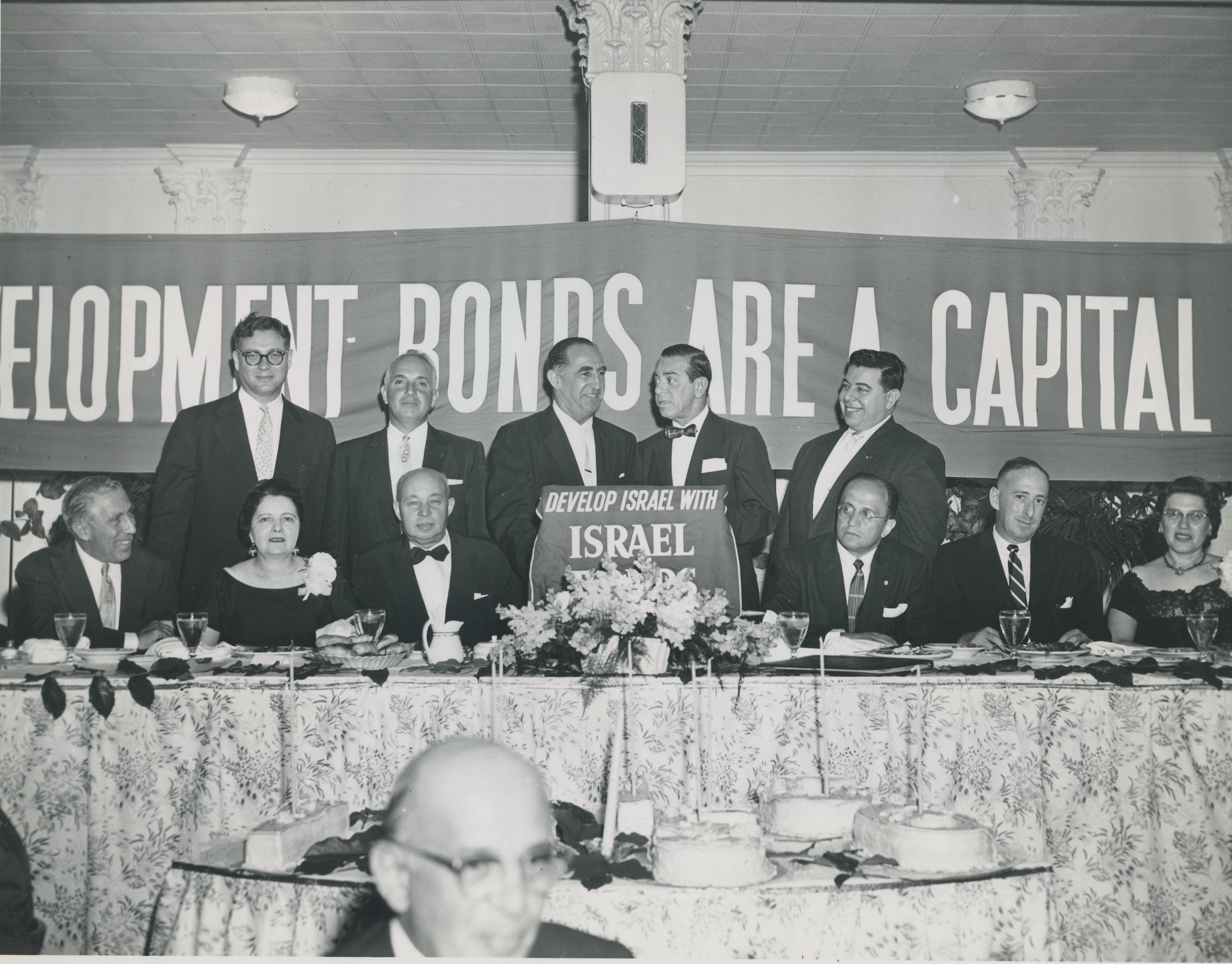 April 29, 1956 Israel Bonds function, Eddie Cantor, Rabbi Buch, Irving Brawer, Jack Stern, Julian Bornstein, Paul Segal, Genny Dunkelman, Morris Lesenger, Herman Yucht, S. Robert Abrahami, Sarah Yucht, Nat Kluger