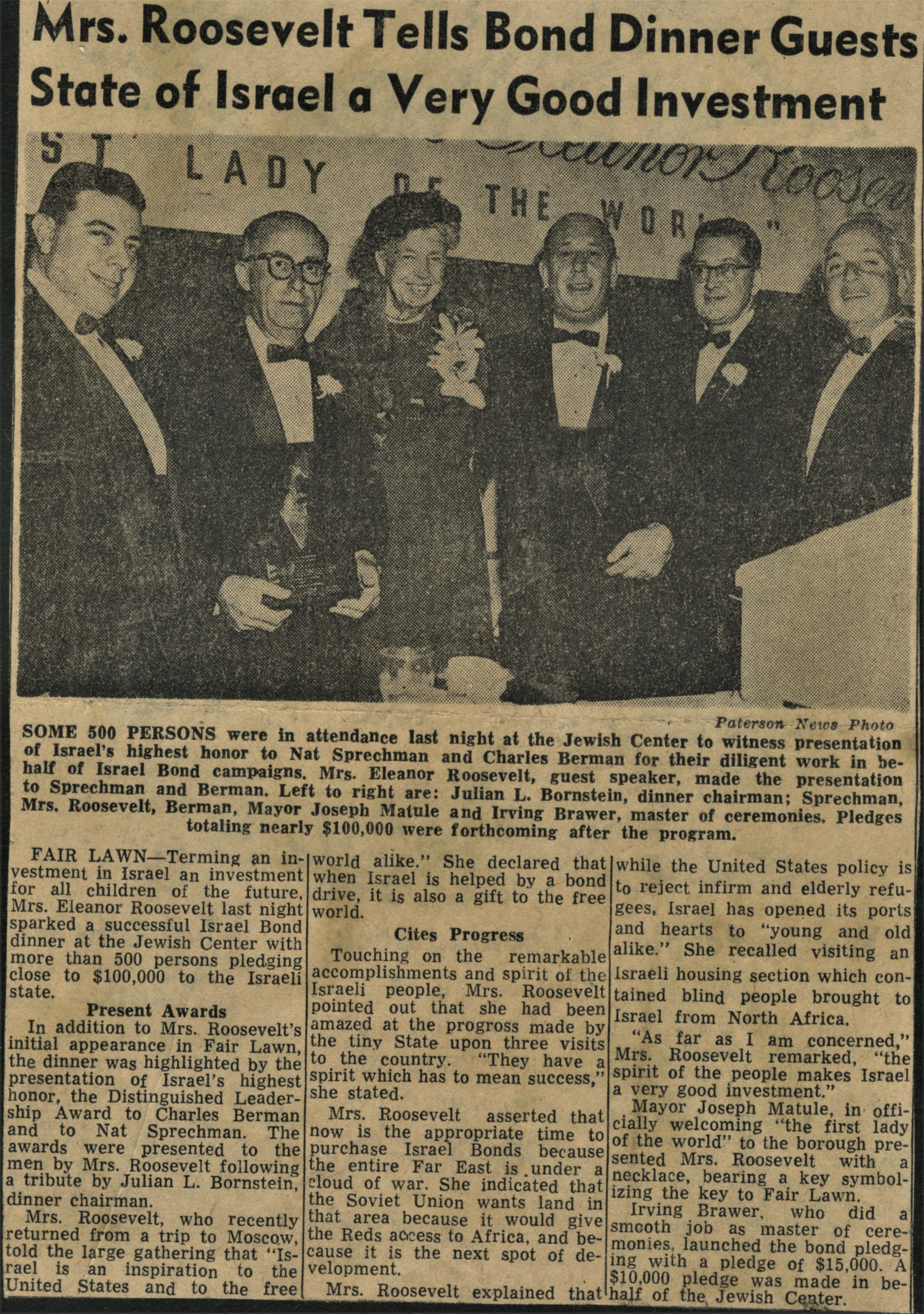 Eleanor Roosevelt, Israel Bond Dinner, Fair Lawn NJ, Nat Sprechman, Charles Berman, Julian Bernstein, Mayor Joseph Matule, Irving Brawer