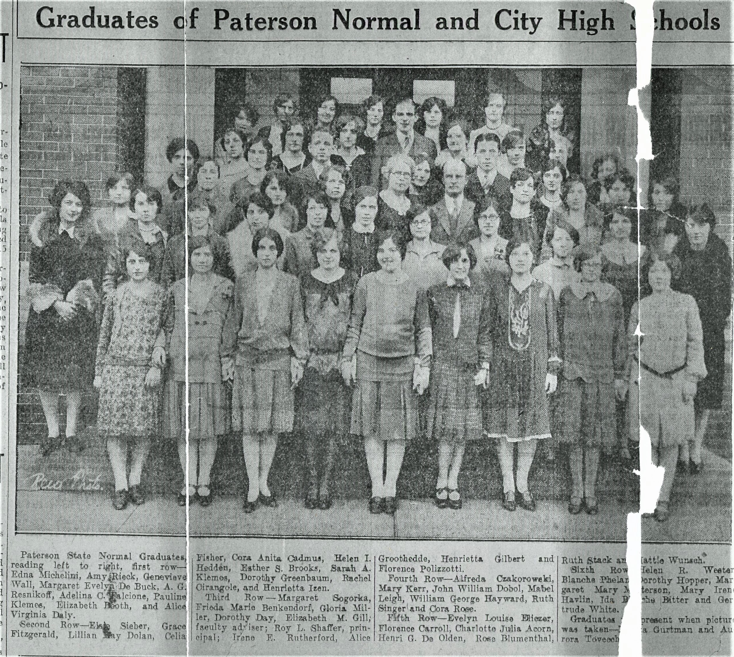Paterson NJ, Edna Michelini, Amy Rieck, Genovieve Wall, Margaret De Buck, A.G. Resnikoff, Adelina Falcione, Pauline & Sarah Klemes, Elizabeth Booth, Alice Virginia Daly, Elsie Sieber, Grace Fitzgerald, Lillian Dolan, Celia Fisher, Cora Cadmus, Helen Hedden, Esther Brooks, Dorothy Greenbaum, Rachel Cirangole, Henrietta Izen, Margaret Sogorka, Frieda Benkendorf, Gloria Miller, Dorothy Day, Elizabeth Gill, Roy Shaffer, Irene Rutherford, Alice Groothedde, Rose Blumenthal, Ruth Stack, Hattie Wunach, Ida Bitter