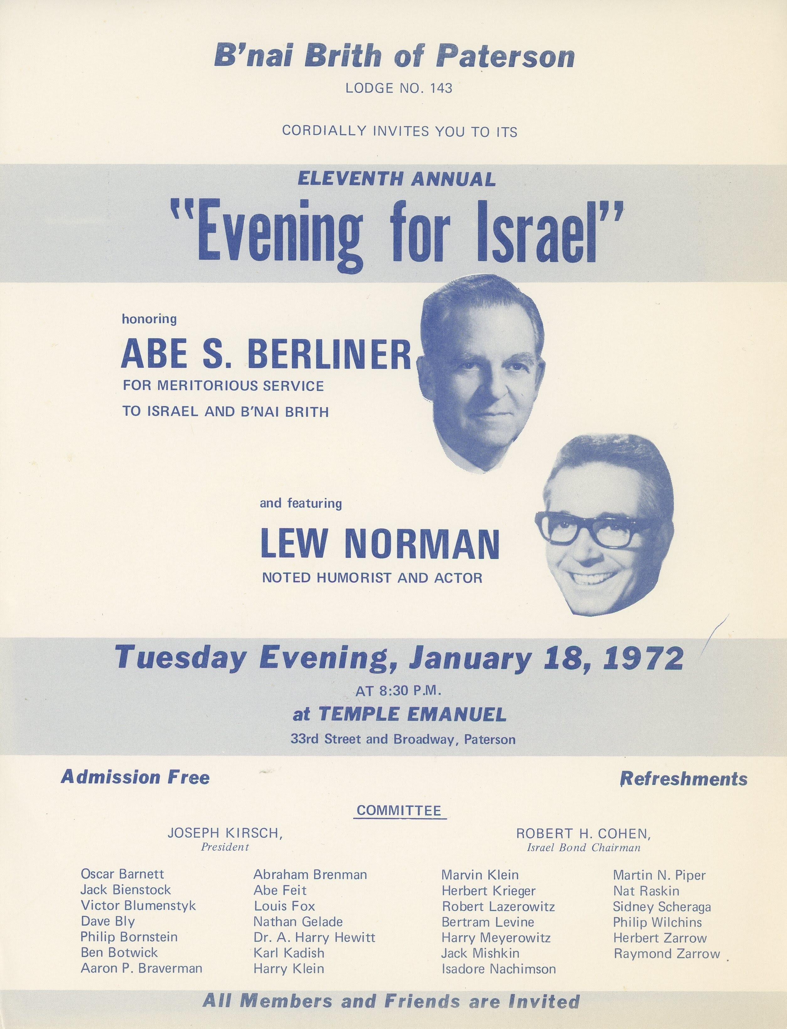 Evening for Israel, B'nai B'rith of Paterson (NJ), 1972, Abe S. Berliner, Lew Norman