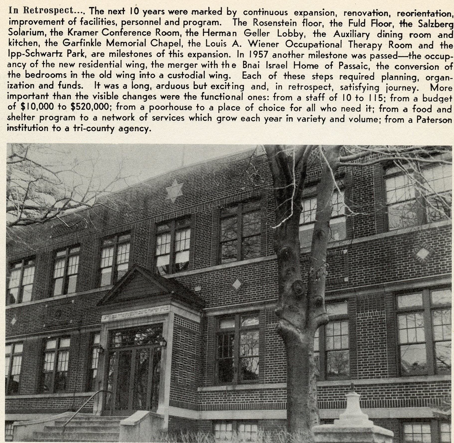 Daughters of Miriam expansion, Rosenstein Floor, Fuld Floor, Salzberg Solarium, Kramer Conference Room, Herman Geller Lobby, Auxiliary Dining Room, Ipp-Schwartz Park, staff size, budget