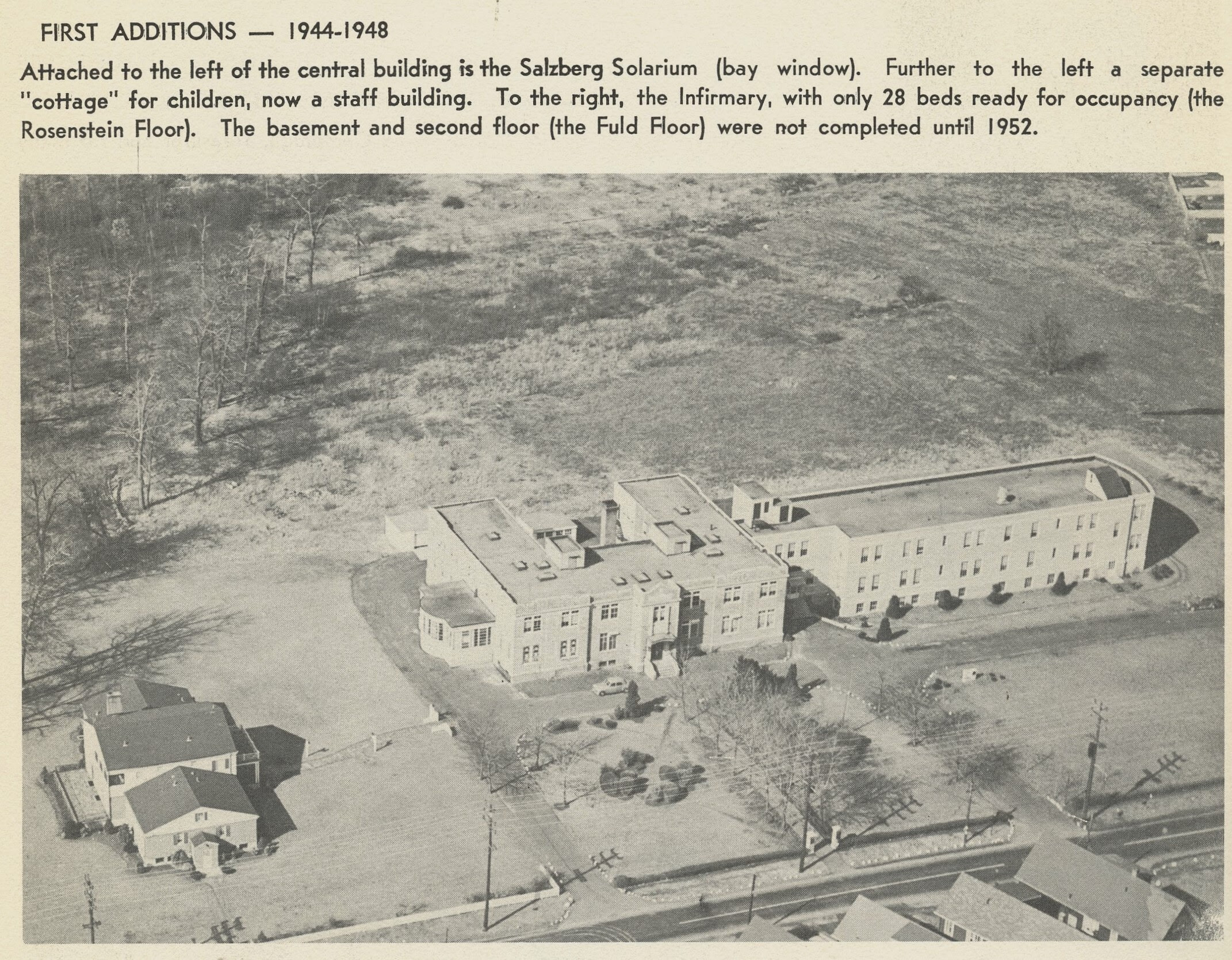 Daughters of Miriam expansion, Salzberg Solarium, cottage for children, staff building, Rosenstein Floor infirmary, 1952