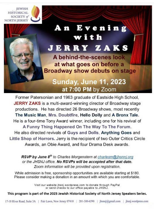 Jerry Zaks Broadway director, Tony Award Winner, Drama Desk awards, Obie Award, Outer Critics Circle Awards, 2023, JHSNNJ