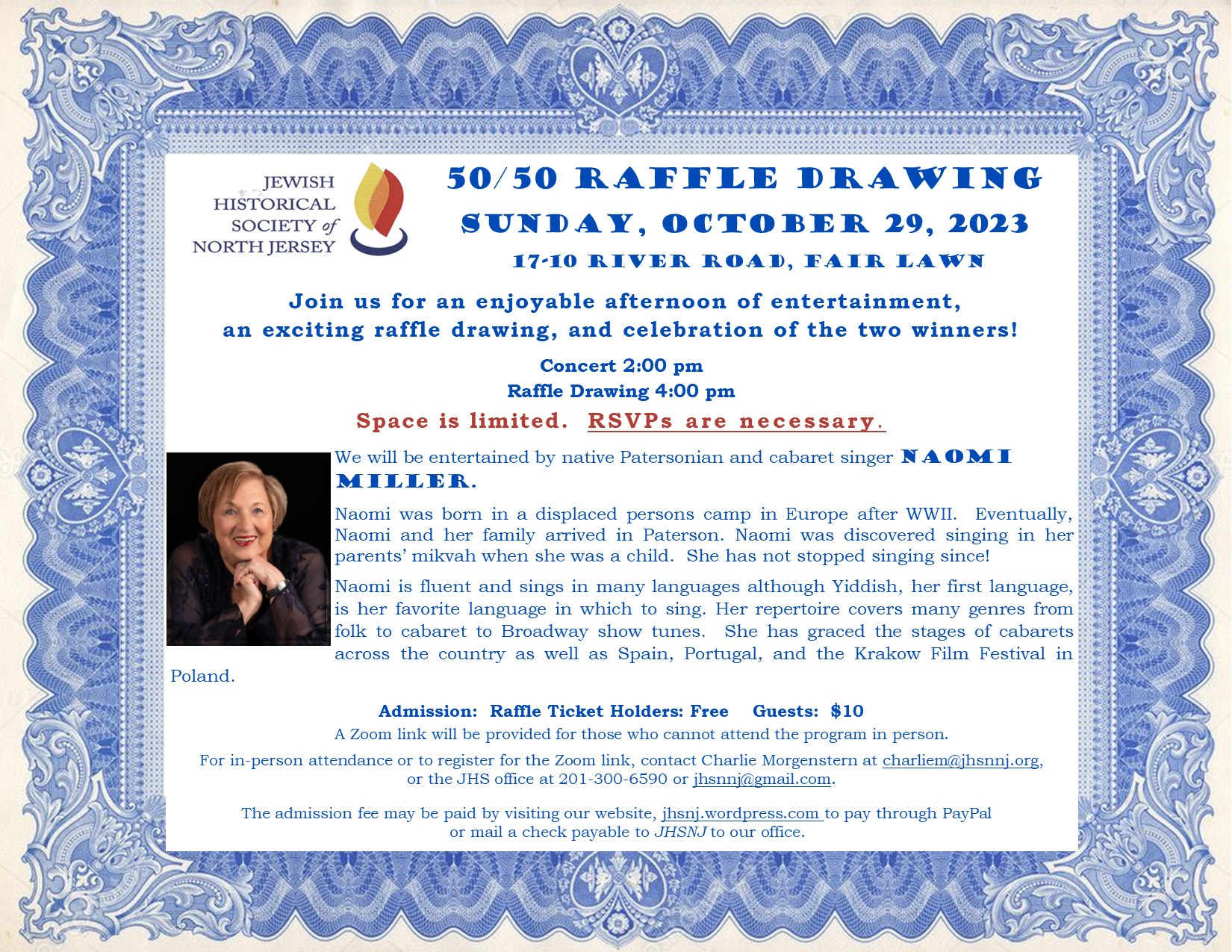 Jewish Historical Society of Northern New Jersey, 50/50 Raffle, Naomi Miller, 2023