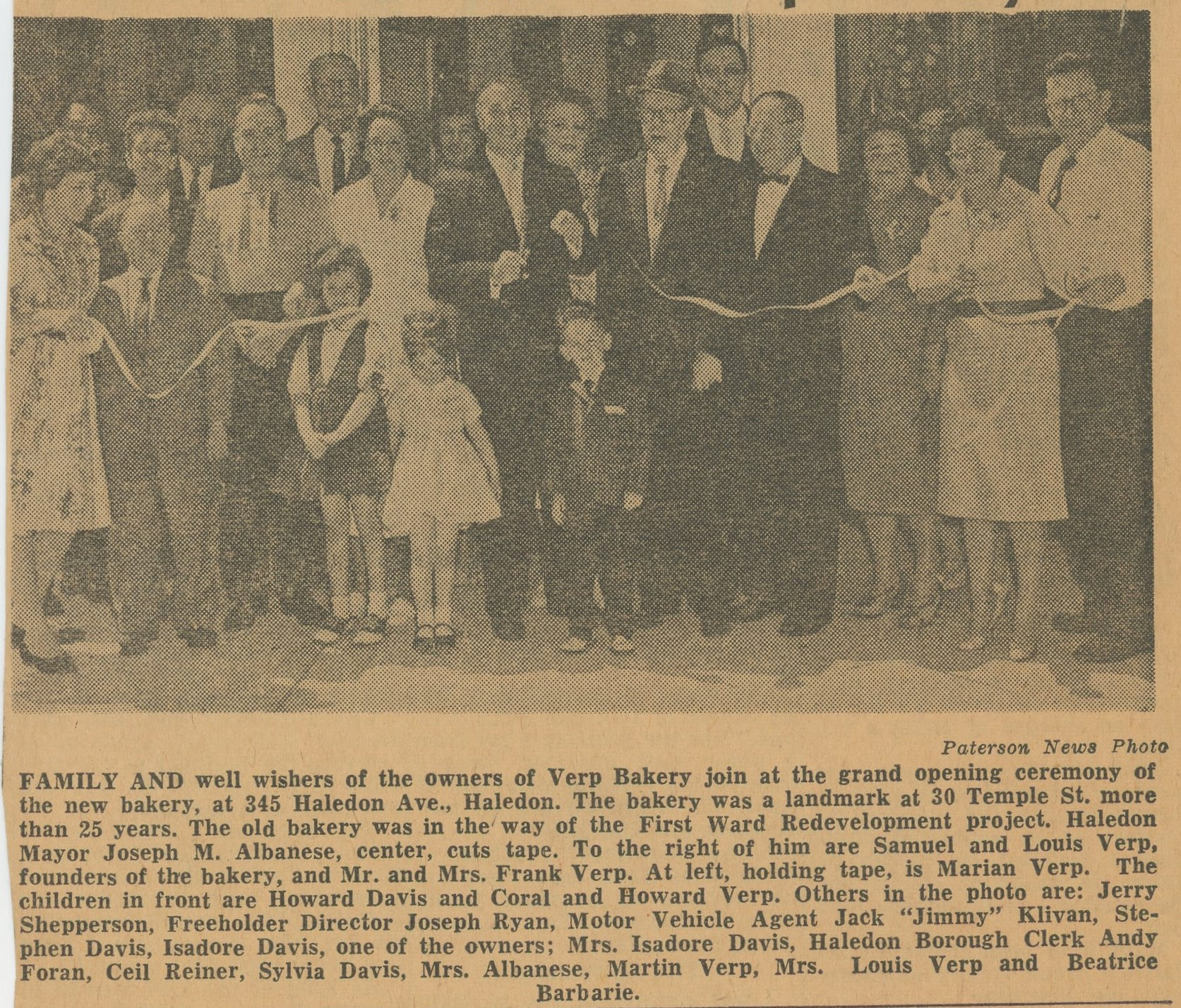 Verp Bakery, 30 Temple Street, Haledon NJ, First Ward Redevelopment project, Frank Verp, Samuel Verp, Louis Verp, Marian Verp, Howard Davis, Coral and Howard Verp, Stephen and Isadore Davis, Martin Verp, Beatrice Barbie, Mayor Albanese