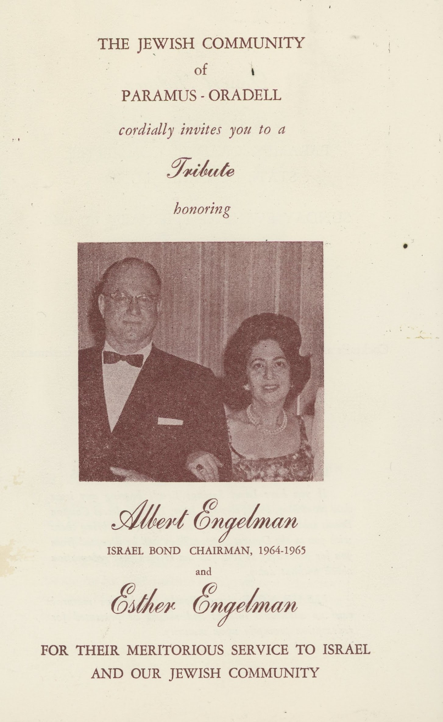 Albert Engelman, Esther Engelman, Israel Bond, Paramus & Oradell, New Jersey, 1964-1965