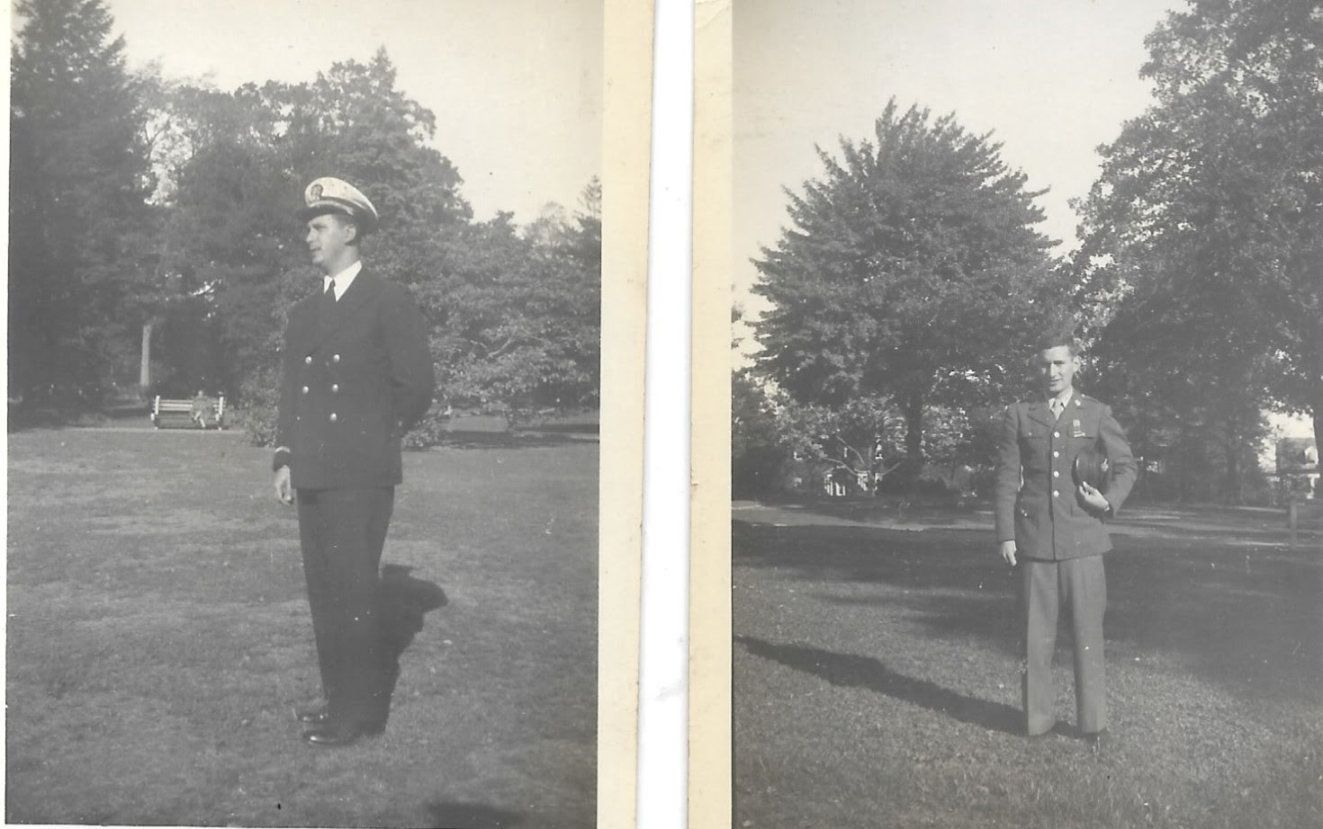 Eastside High School, Paterson New Jersey, Class of January 1940, WWII over, Navy Officer Murray Greene in uniform, army enlisted man Bill Guttenberg in uniform, 1945
