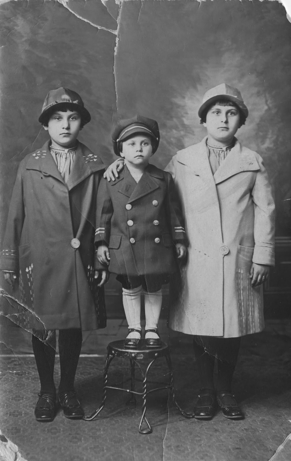 Northern New Jersey, posed children's photo, big buttons, double-breasted military-style, knee socks, hats