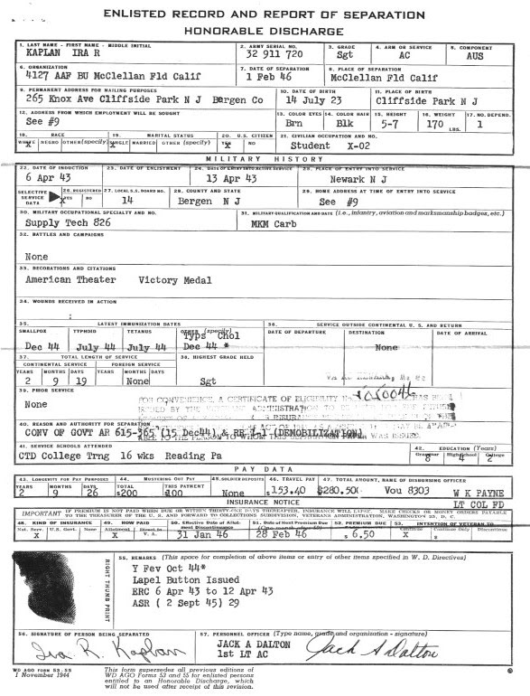 Ira Kaplan discharge papers