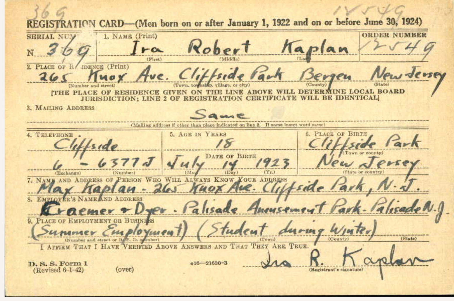 Ira Kaplan's draft card