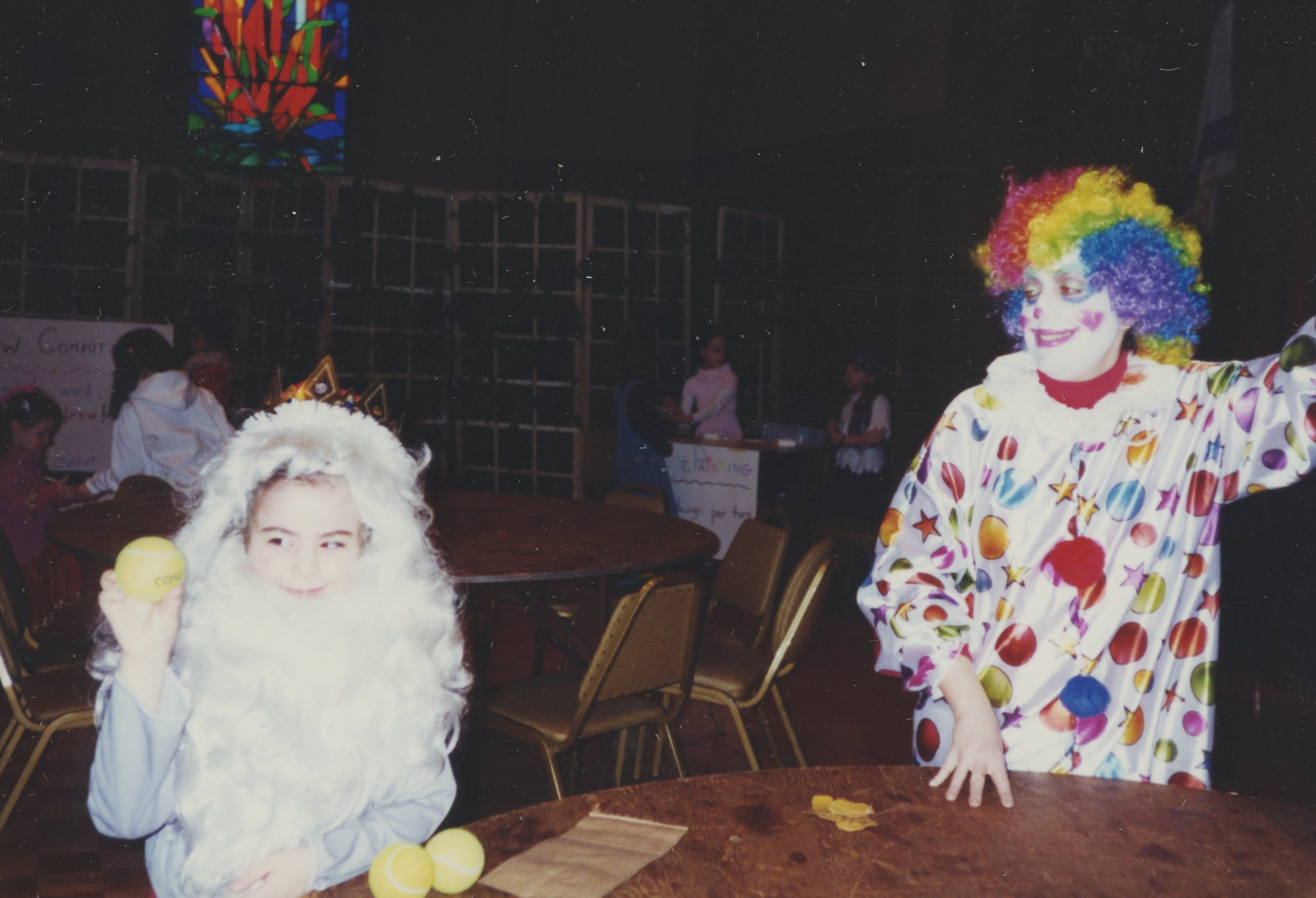Clown, contestant, game "Knock Out Haman," Purim carnival, Temple Emanuel, Passaic New Jersey