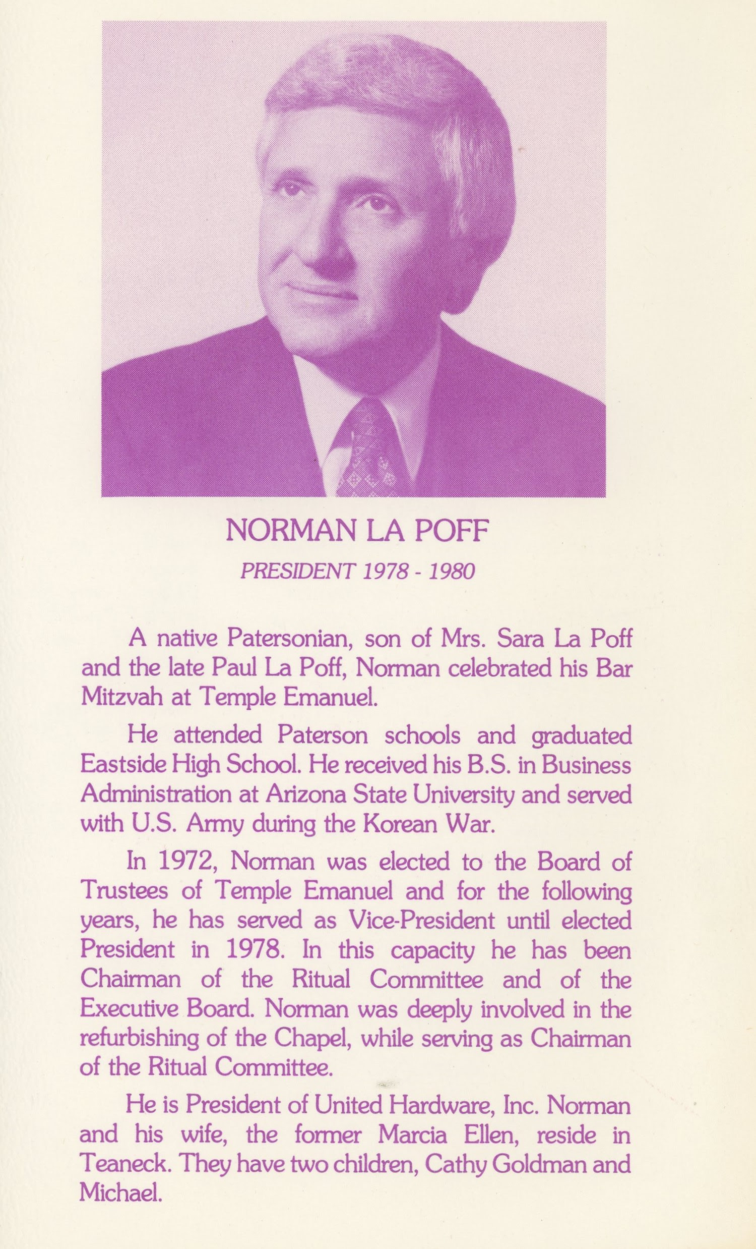 President Norman La Poff, Marcia Ellen La Poff, 1980, Temple Emanuel of North Jersey