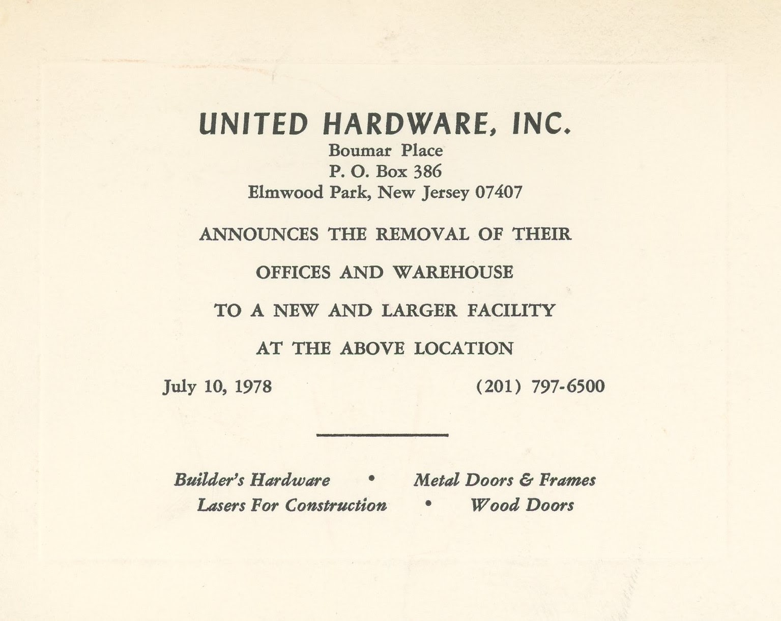 Norman La Poff, United Hardware Inc relocation, Boumar Place, Elmwood Park New Jersey,