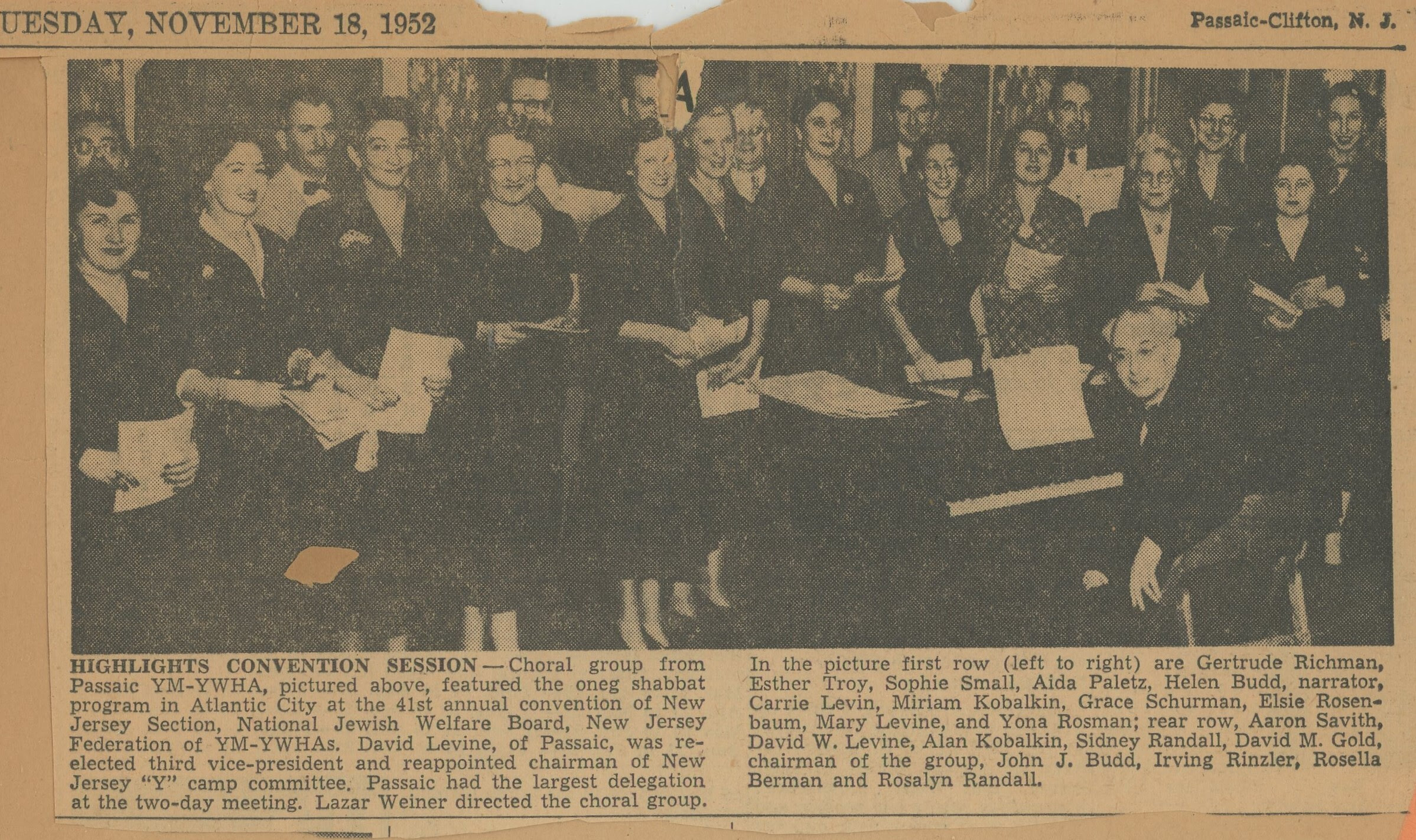 Passaic (New Jersey) YM-YWHA Choral Group, 1952, David Levine, Lazar Weiner, Gertrude Richman, Esther Troy, Sophie Small, Aida Paletz, Helen Budd, Carrie Levin, Miriam Kobalkin, Grace Schurman, Elsie Rosenbaum, Mary Levine, Yona Rosman, Aaron Savith, David W. Levine, Alan Kobalkin, Sidney Randall, David M. Gold, John J. Budd, Irving Rinzler, Rosella Berman, Rosalyn Randall