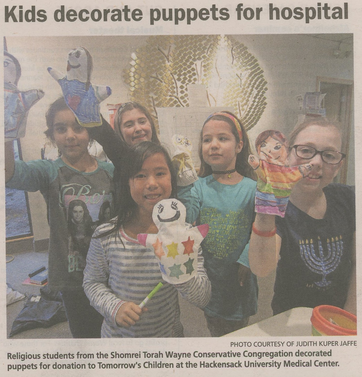 Shomrei Torah, Wayne New Jersey, student-made puppets, Tomorrow's Children, Hackensack University Medical Center, January 2017