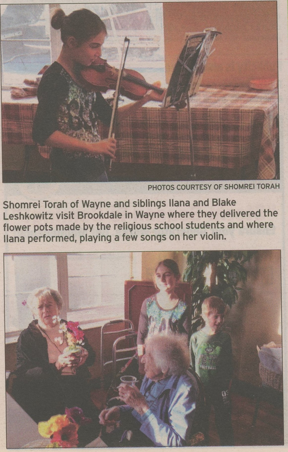 Shomrei Torah religious school, Wayne New Jersey, Brookdale Senior Center, Mitzvah Projects, Ilana & Blake Leshkowitz, playing violin, 2015