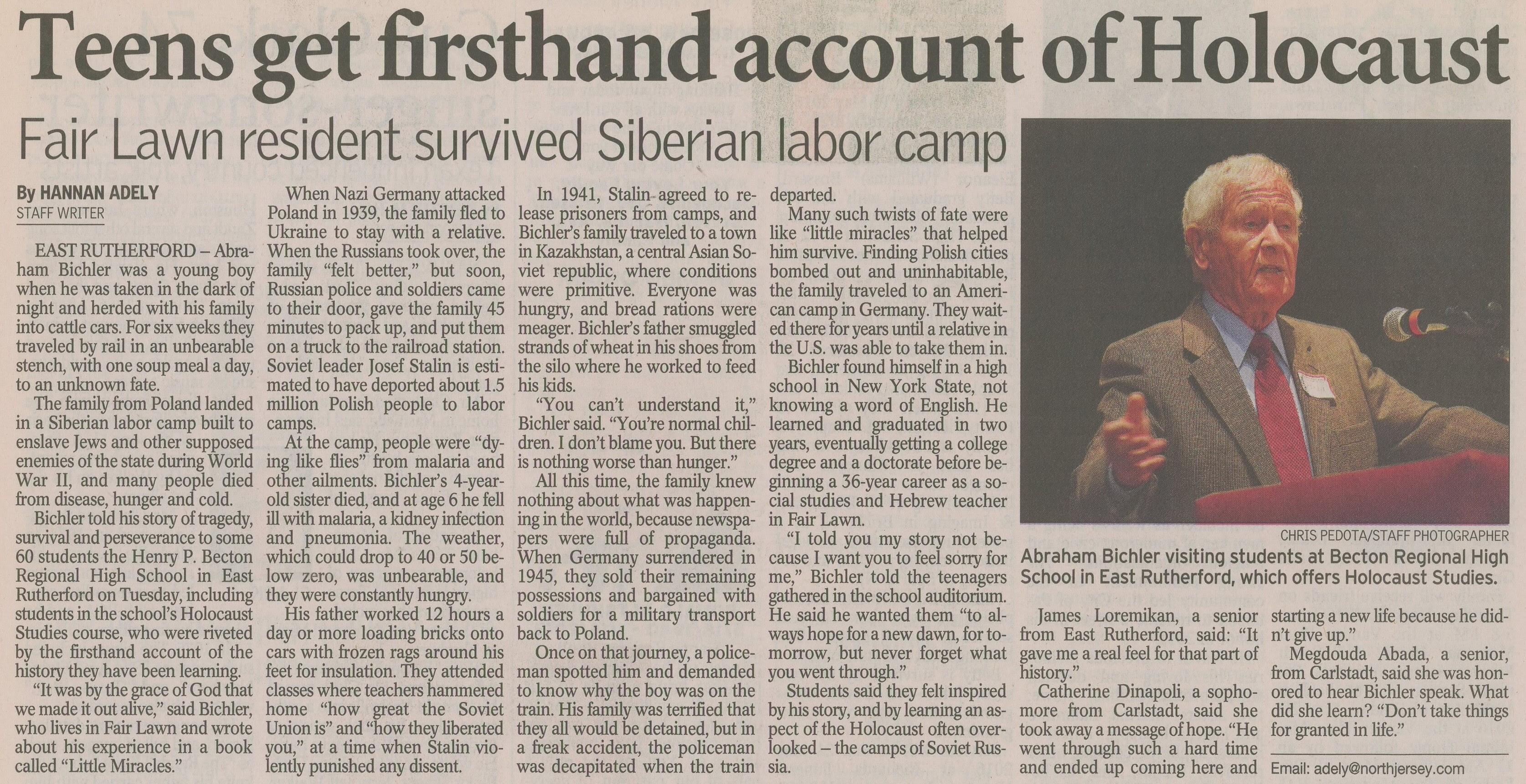 Abraham Bichler, Holocaust survivor Poland and Siberia, Yom HaShoah, book Little Miracles, Henry P. Becton Regional High School, East Rutherford New Jersey