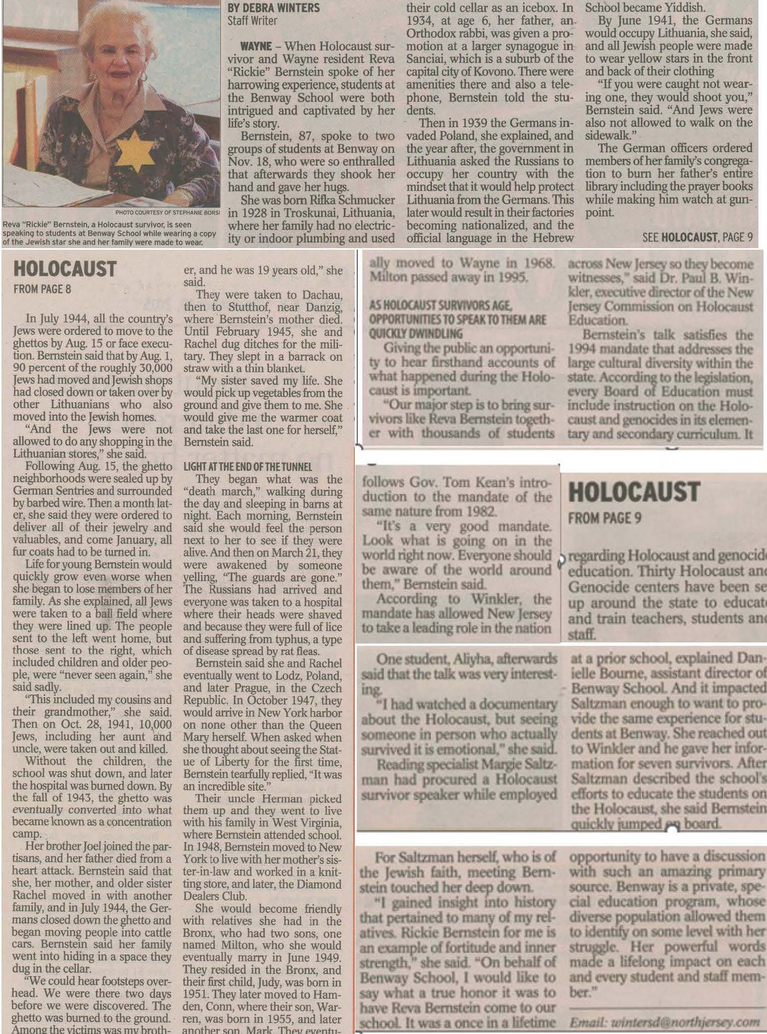 Reva "Rickie" Bernstein, Holocaust survivor, Lithuania, Dachau, Stutthof, New Jersey Commission on Holocaust Education, Benway School