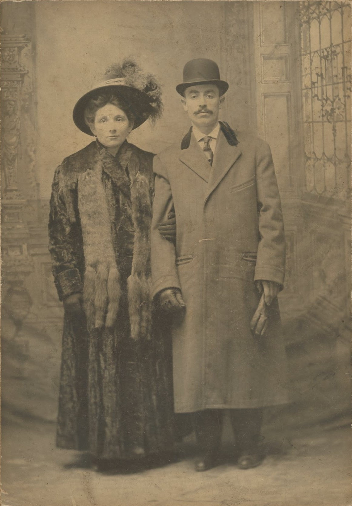 Well-dressed couple, Mr. and Mrs. Jacob Cohen, fur coat and stole, Passaic New Jersey