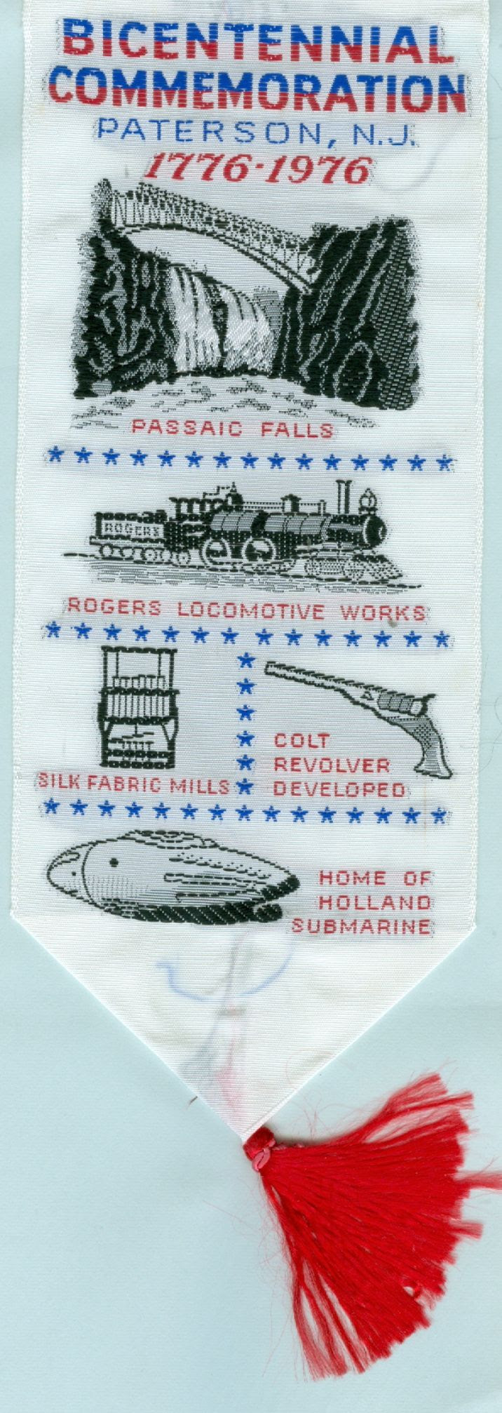 Paterson New Jersey, Bicentennial commemorative bookmark, 1976, Passaic Falls, Rogers Locomotive Works, Silk Fabric Mills, Colt Revolver, Holland Submarine
