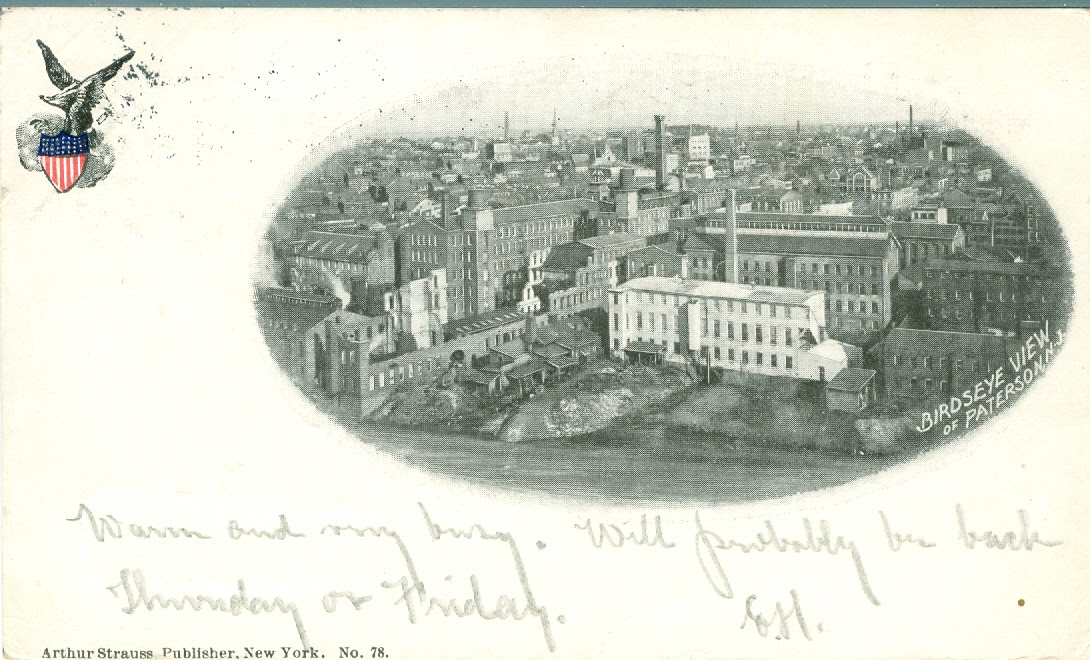 Private Mailing Card authorized by Act of Congress May 19, 1898, to Frieda Mueller, reverse side birdseye view photograph Paterson NJ