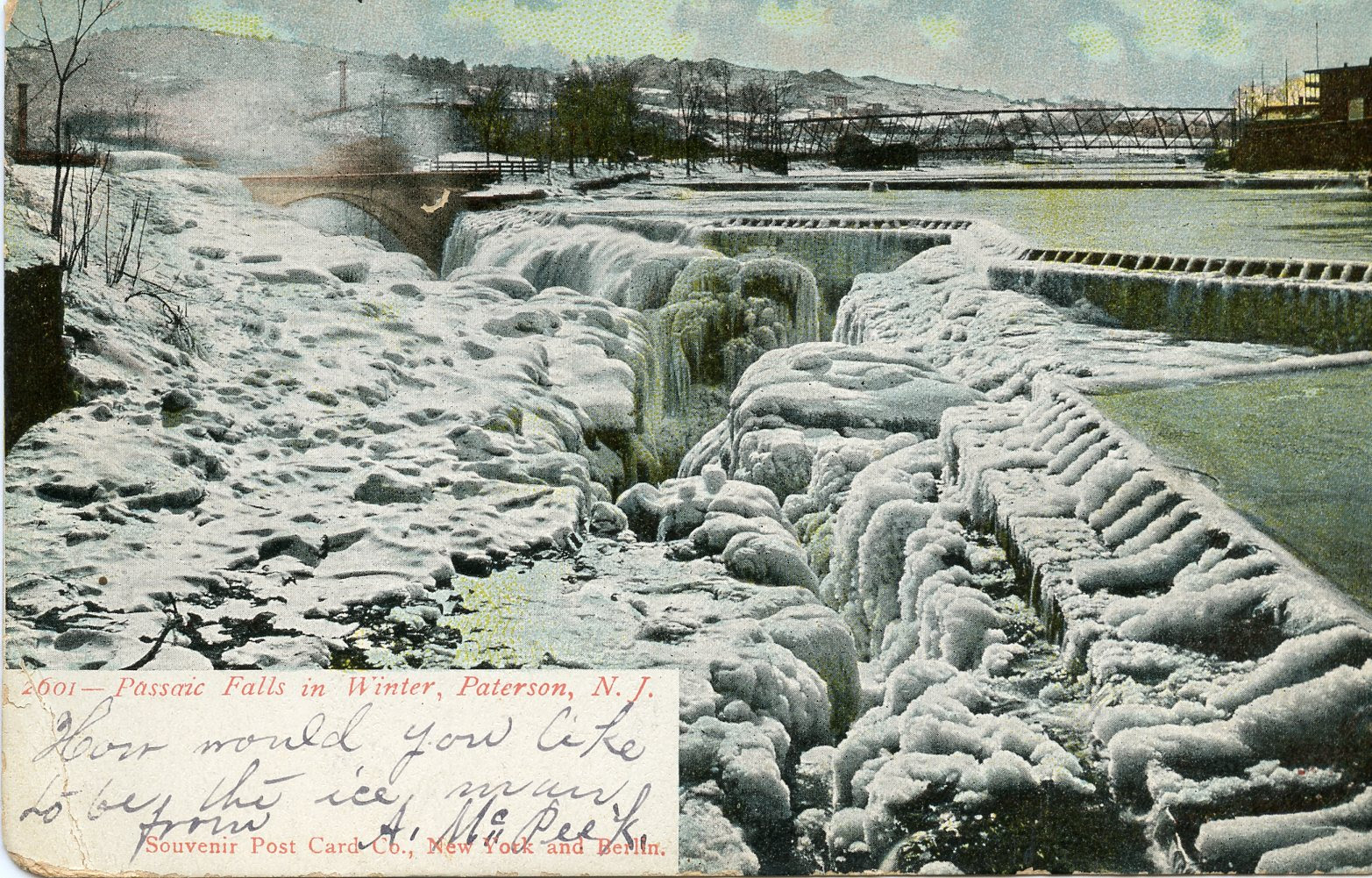 upper Paterson Falls, Paterson New Jersey, Passaic Falls covered with ice, picture post card