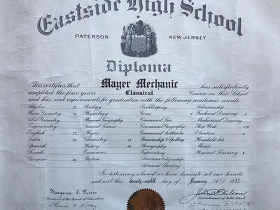 Eastside High School Classical diploma, Mayer Mechanic, 1935, Paterson NJ